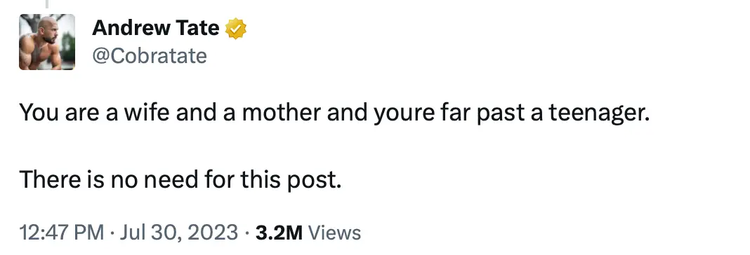 Andrew Tate left a disgusting comment on Holden's post.