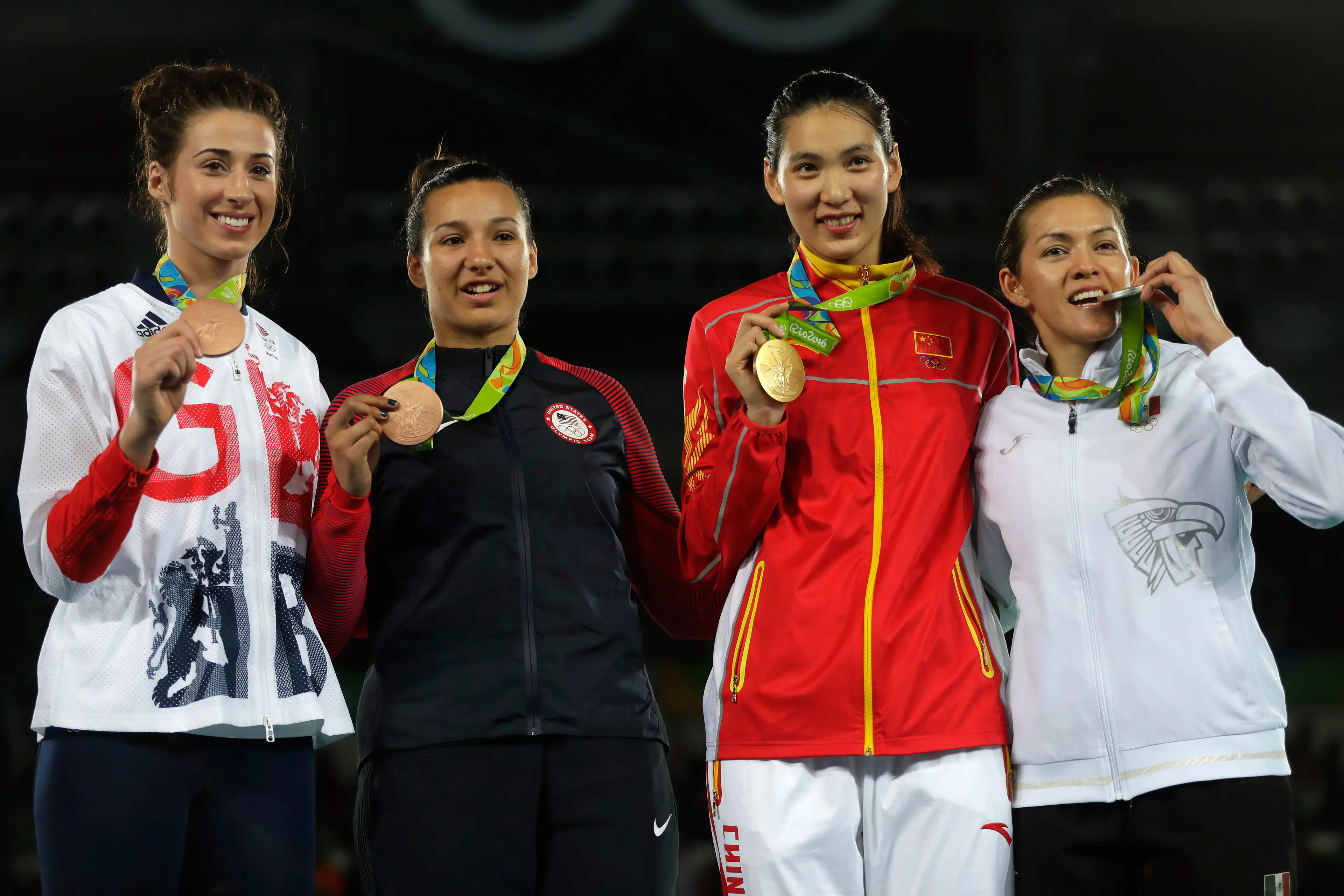 Bronze medalists Jackie Galloway of the United States and Bianca Walkden of Great Britain at the 2016 Rio Games (Jamie Squire/Getty Images)