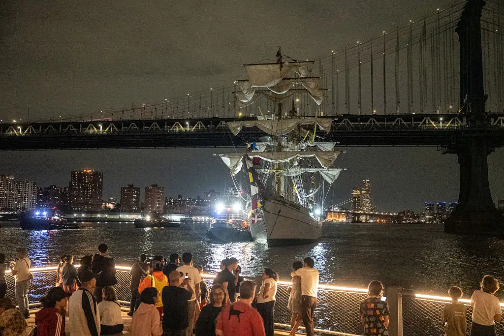 Sailors were seen hanging from a navy training vessel's main mast (Stephanie Keith/Getty Images)