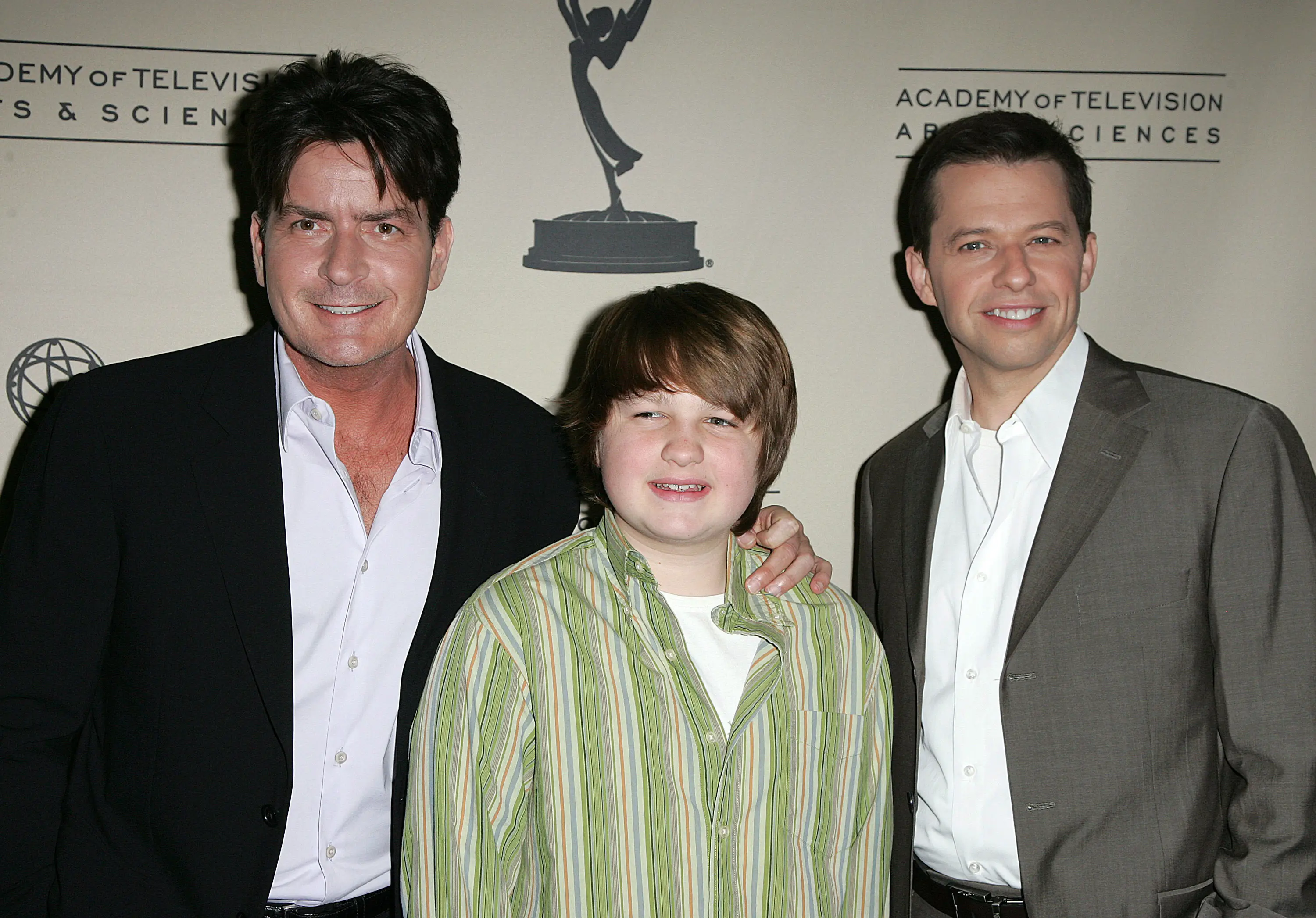 Charlie Sheen, Angus T. Jones and Jon Cryer attend An Evening with Two and a Half Men held at The Leonard Goldenson Theater on February 27, 2008 in North Hollywood, California (Jason LaVeris/FilmMagic)