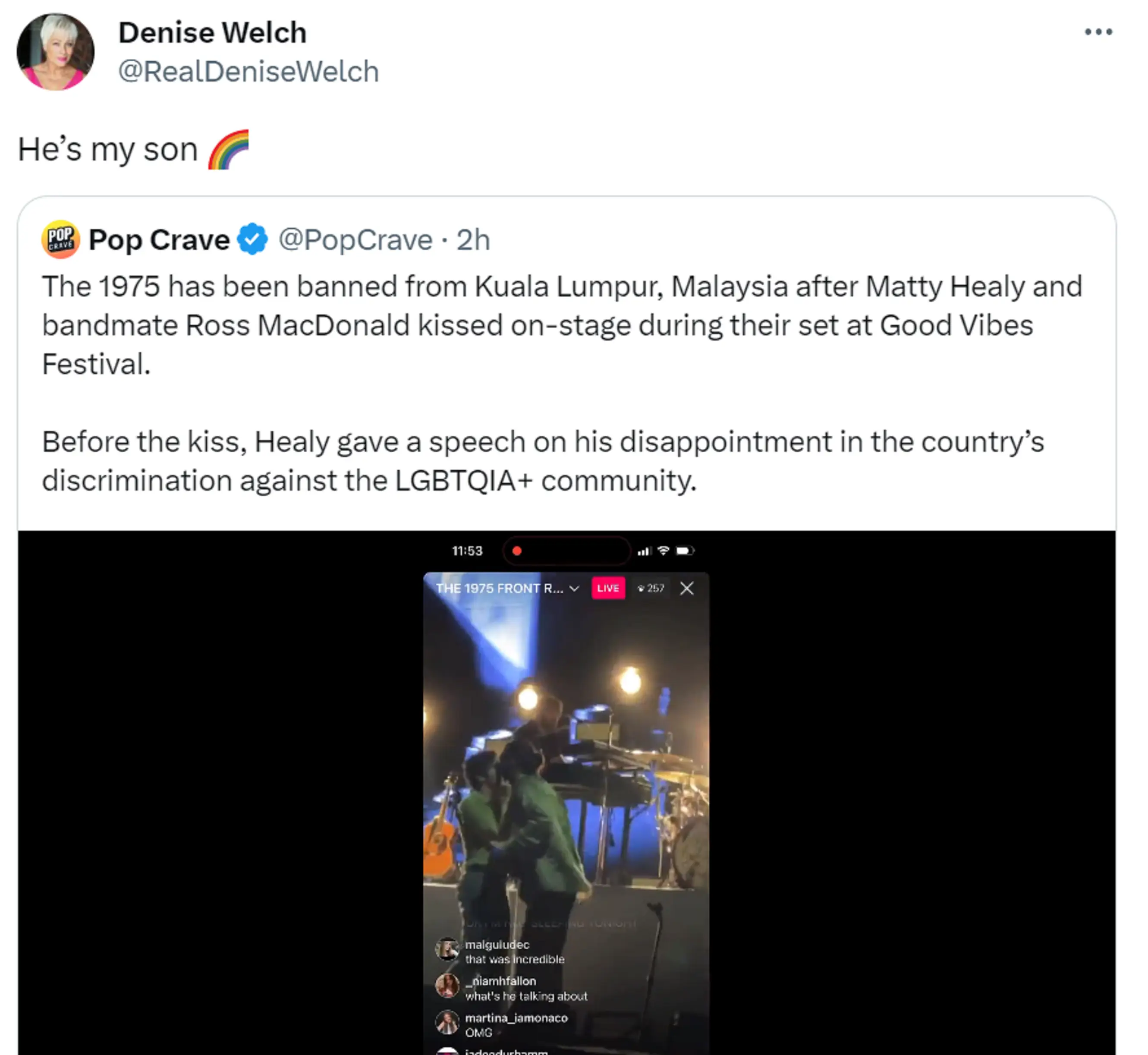 Denise Welch praised her son on social media.