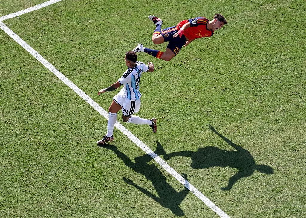 Enzo Fernández also received a red card during the match, after a foul on Pau Cubarsí (Al Bello/Getty Images)
