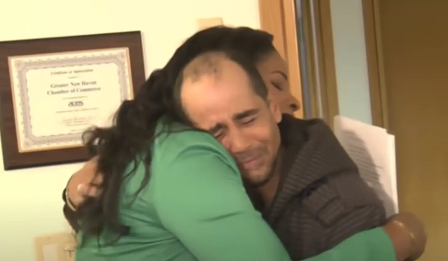 Elmer was in tears when Roberta told him that she was offering him housing. (YouTube/NBC News)