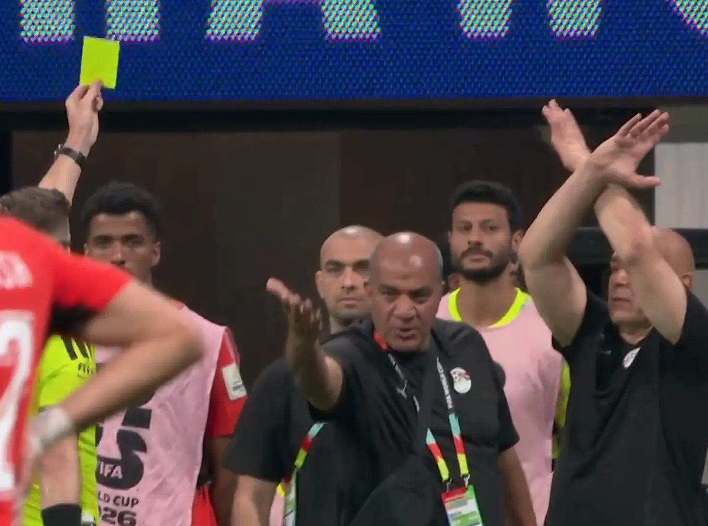Egypt's manager made this gesture and was yellow carded (ITV)