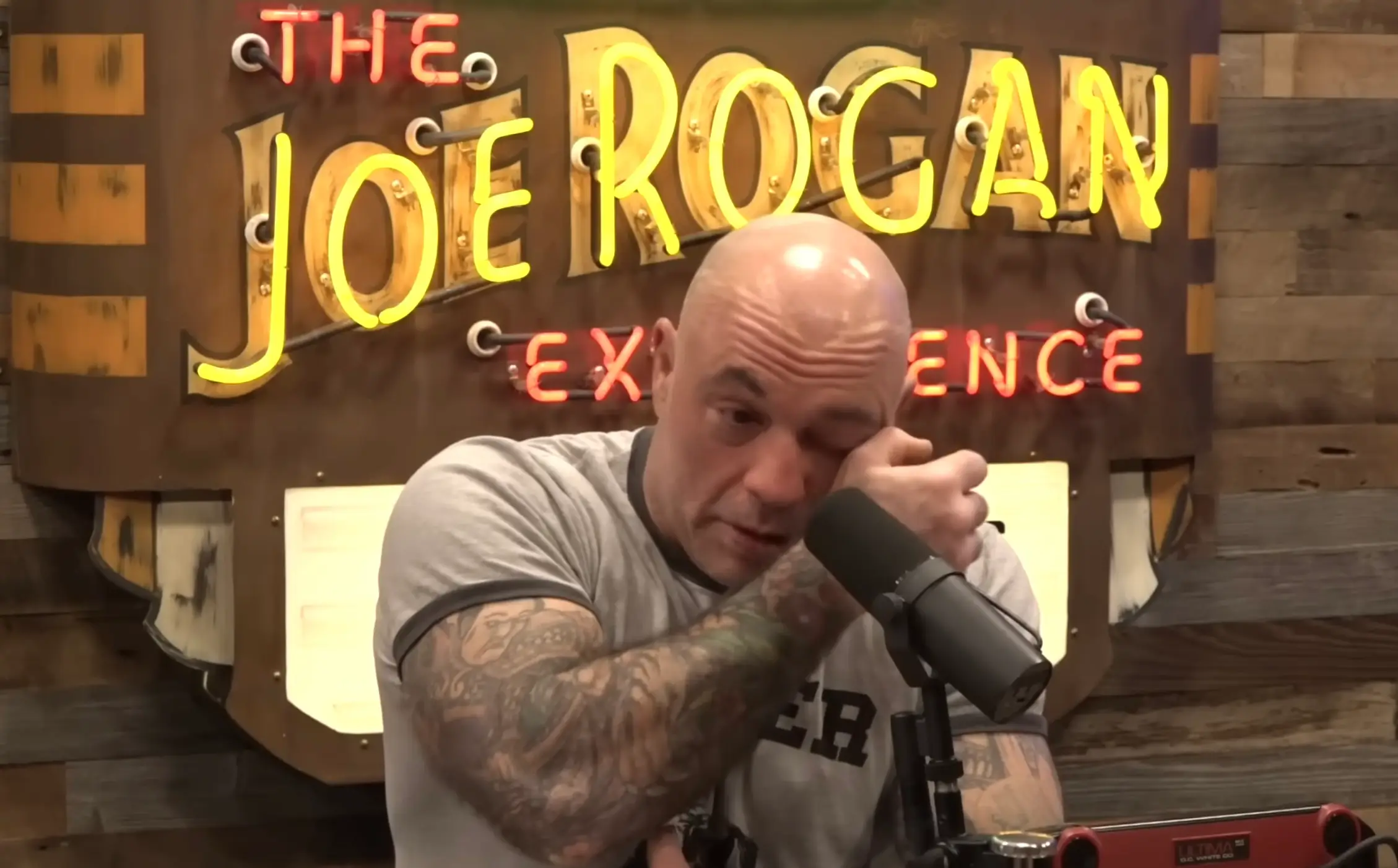 Joe Rogan was seen wiping away tears as he recalled what happened to his neighbours in 2018 (YouTube/PowerfulJRE)