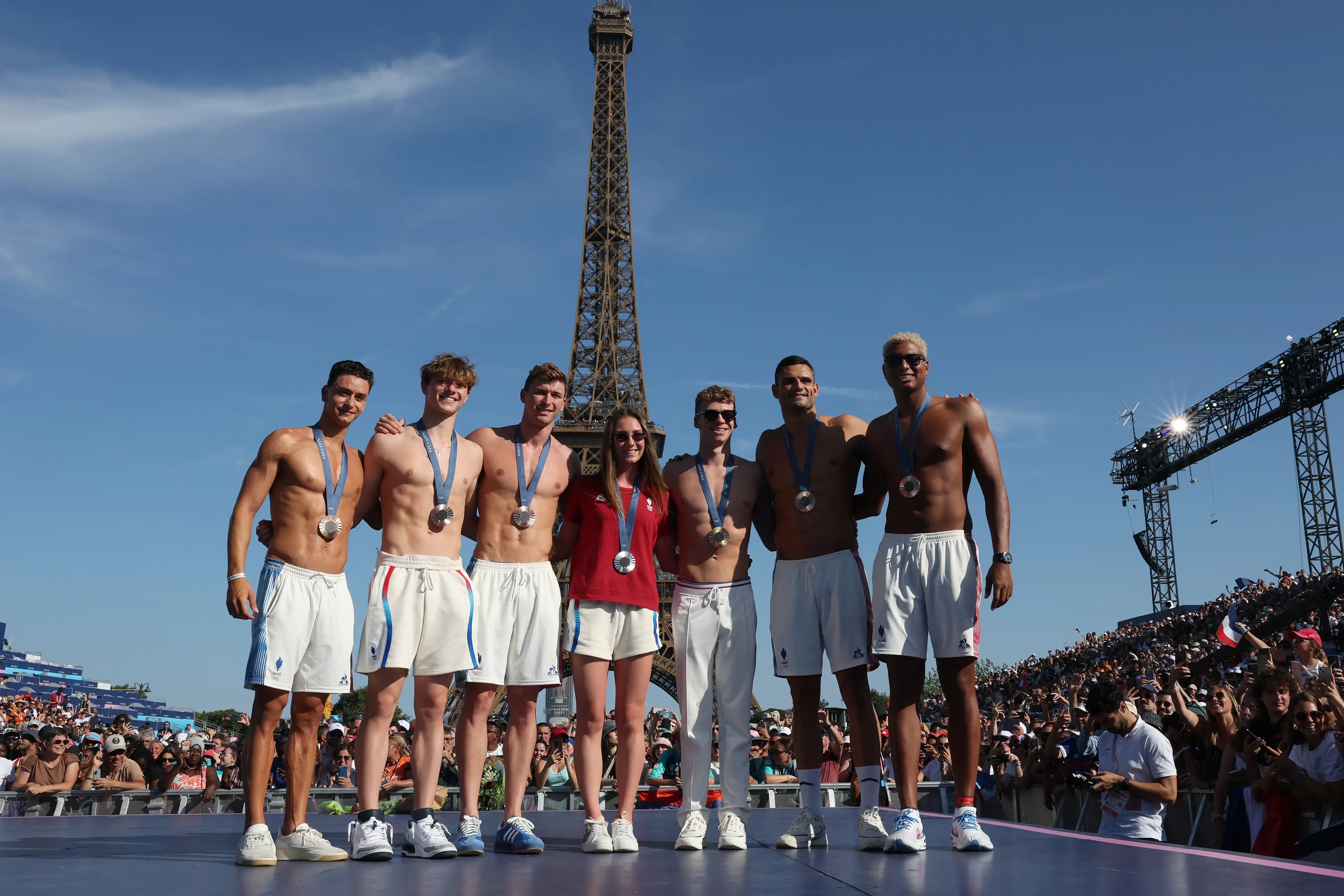 Clement Secchi (far left) and Yohann Ndoye-Brouard (far right) seen sporting their bronze medals at Paris 2024 (Carl Recine/Getty Images)