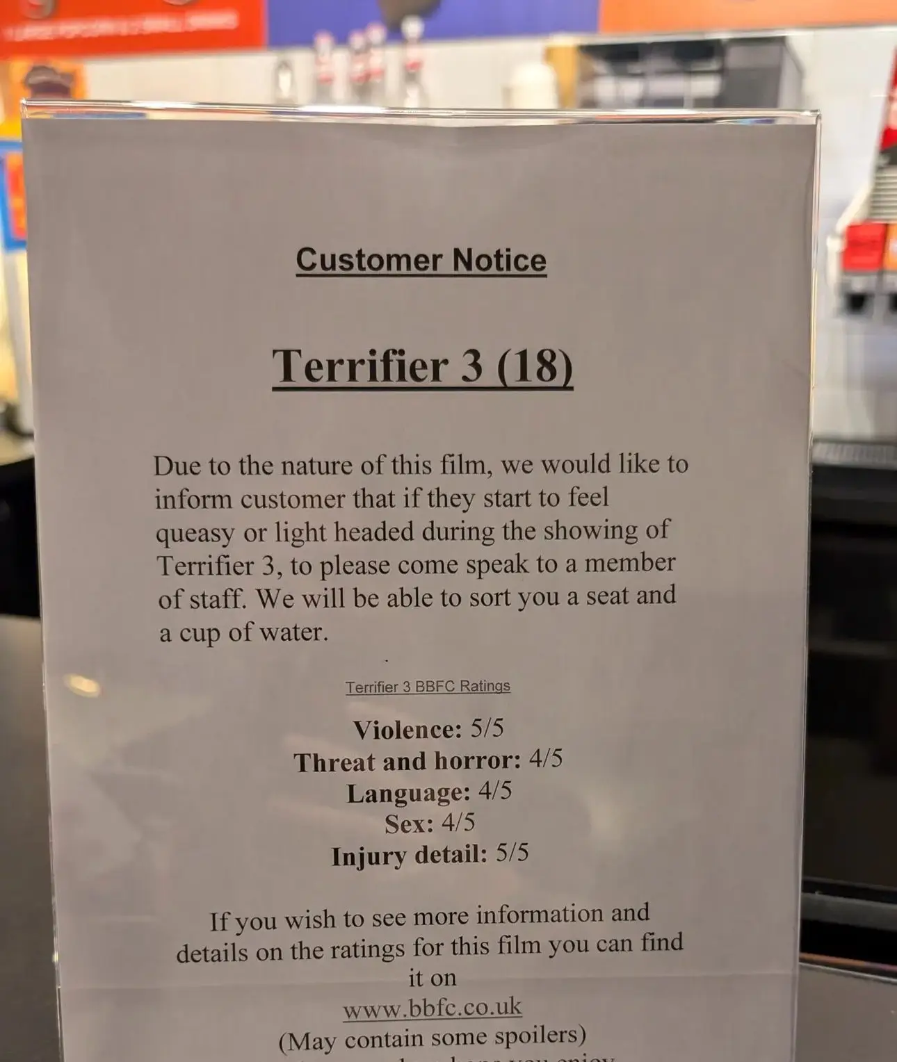 An image of the poster put up at a UK cinema was shared on social media (X/@TerrifierFilm)