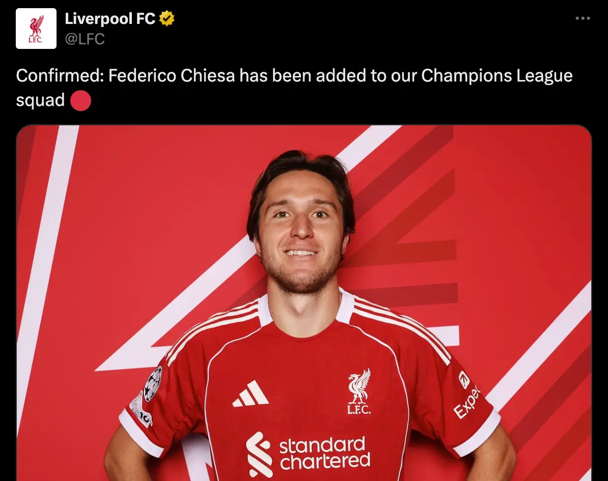 Liverpool confirmed Chiesa's inclusion last week (Image: Liverpool FC/Twitter)