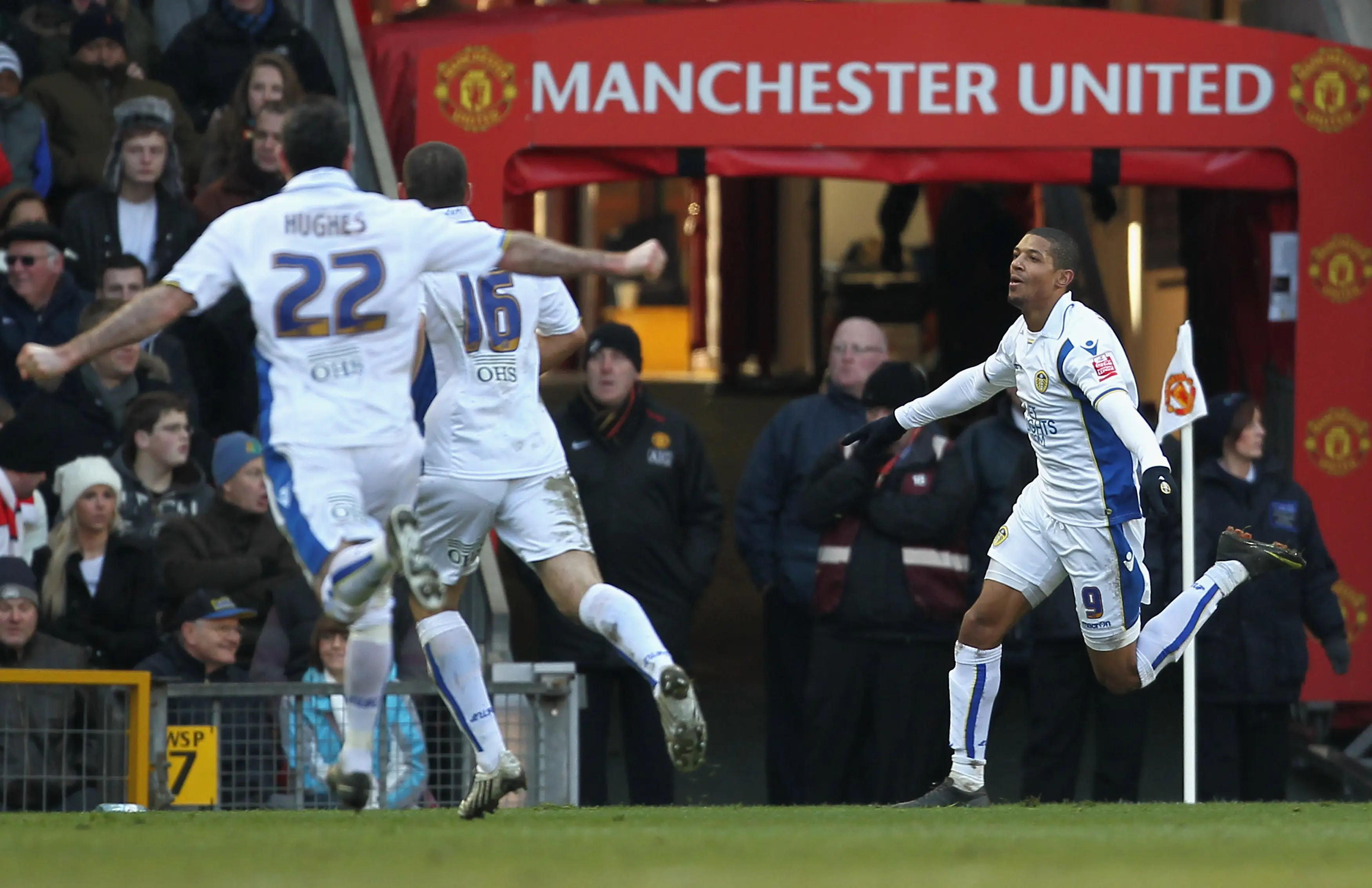 Jermaine Beckford celebrates scoring a goal against Manchester United. Image: Getty 