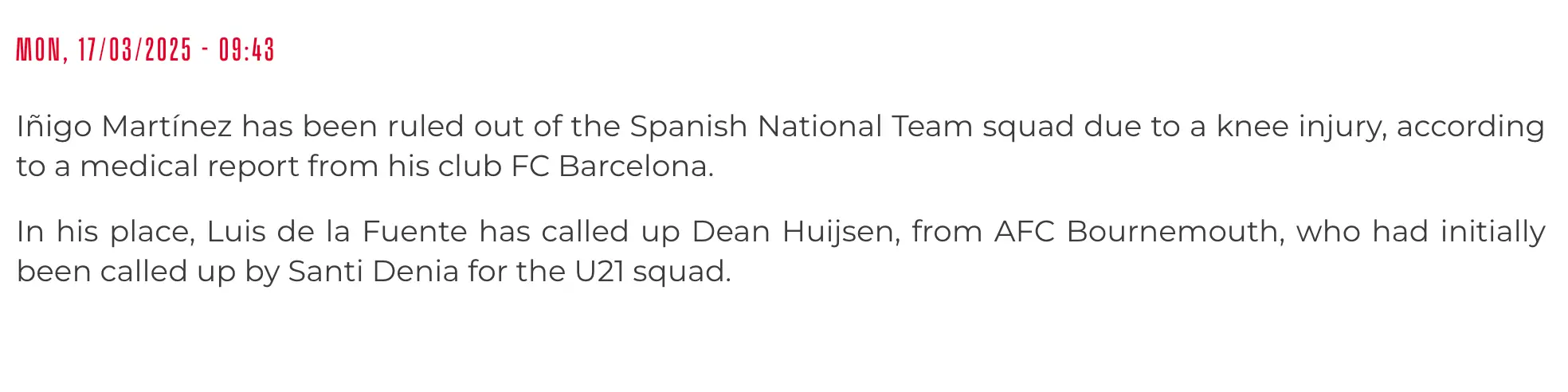 Bournemouth's Dean Huijsen replaced Inigo Martinez in the Spain squad (Image: RFEF)
