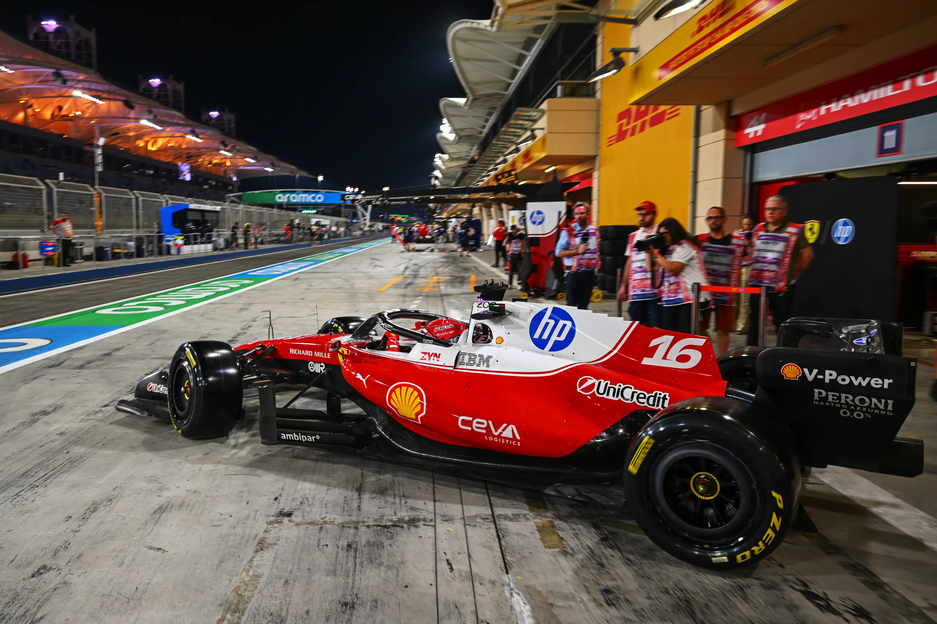 Charles Leclerc leaving the Ferrari garage at Bahrain testing (credit: getty)