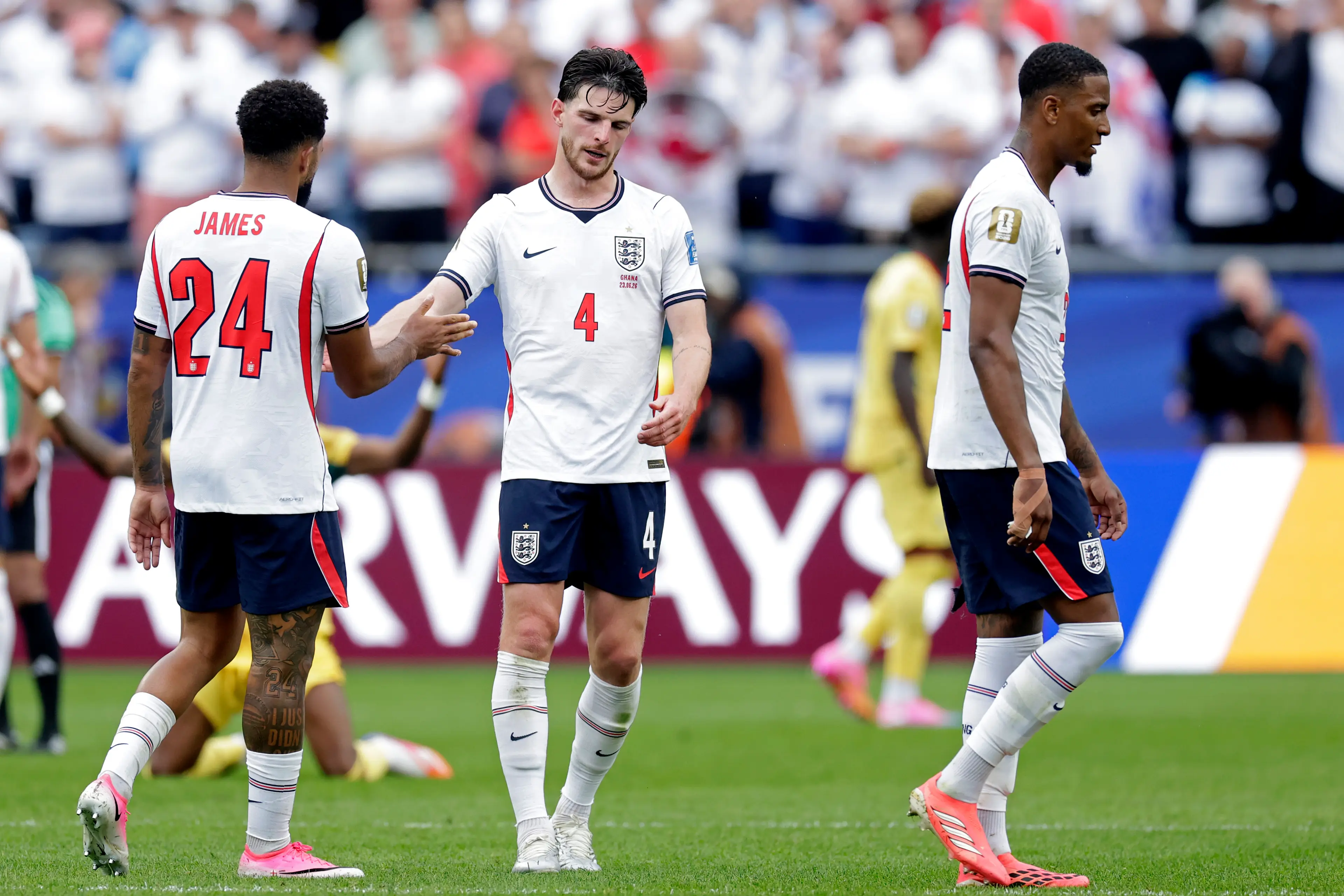 (L-R) Reece James of England, Declan Rice of England, Ezri Konsa of England disappointed after the match during the World Cup (Getty Images)