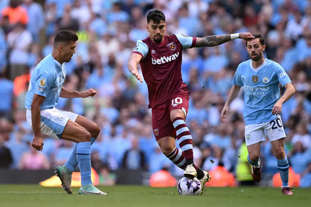 West Ham midfielder Lucas Paqueta in action against Manchester City at the Etihad Stadium (