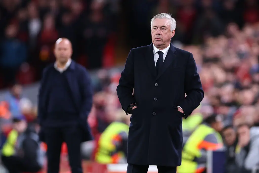 Carlo Ancelotti watches on during Real Madrid's 2-0 defeat to Liverpool at Anfield (Image: Getty)