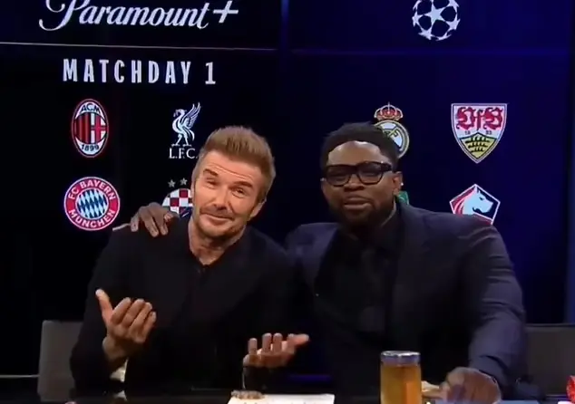 David Beckham appeared alongside Micah Richards and the rest of the panel on the CBS Champions League show. (Image: CBS Sports Golazo)