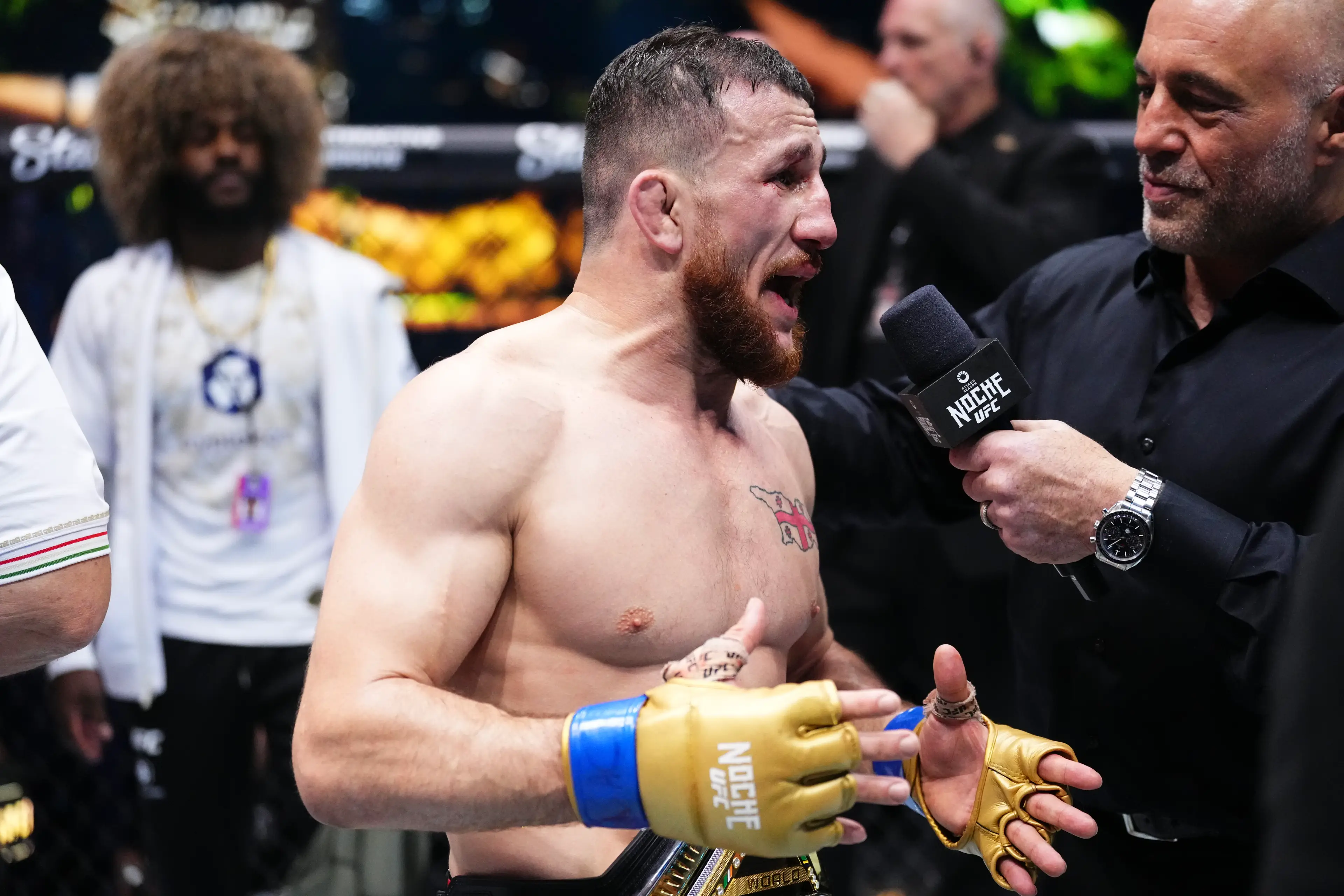Merab Dvalishvili speaks to Joe Rogan after his UFC title victory at UFC 306. Image: Getty 