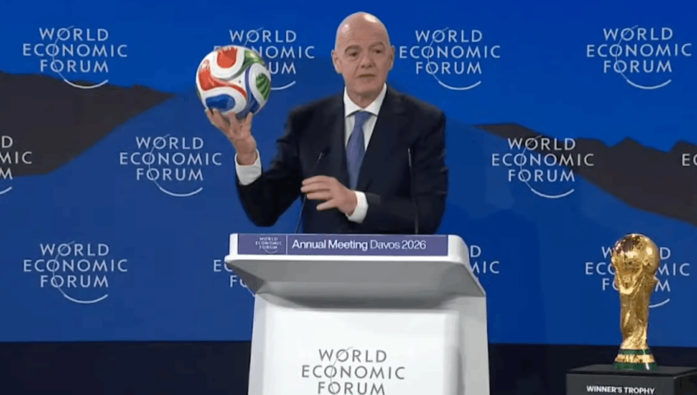 FIFA president Gianni Infantino on stage during the World Economic Forum's Annual Meeting (Image: CBS)