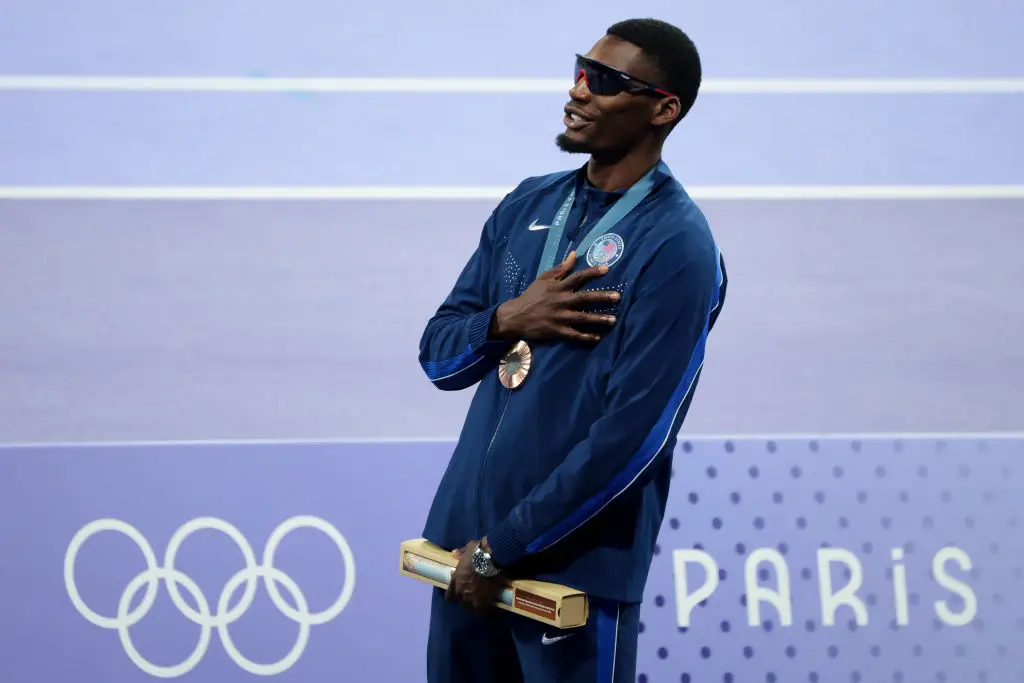 Fred Kerley with his Olympic bronze medal in 2024 (Credit:Getty)