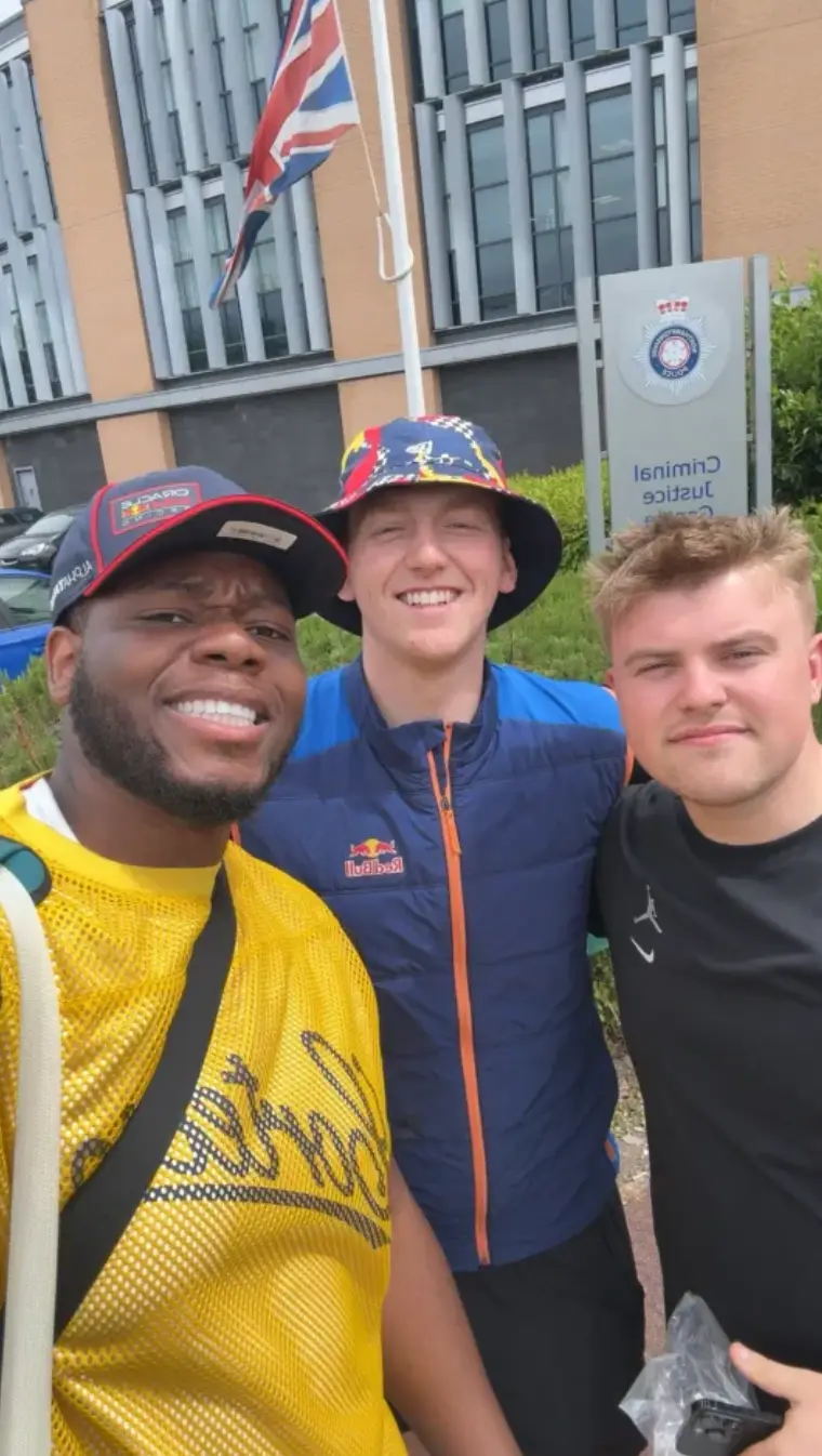 The streamers took a selfie outside Northampton Criminal Justice Centre following their Silverstone incident. Image: X