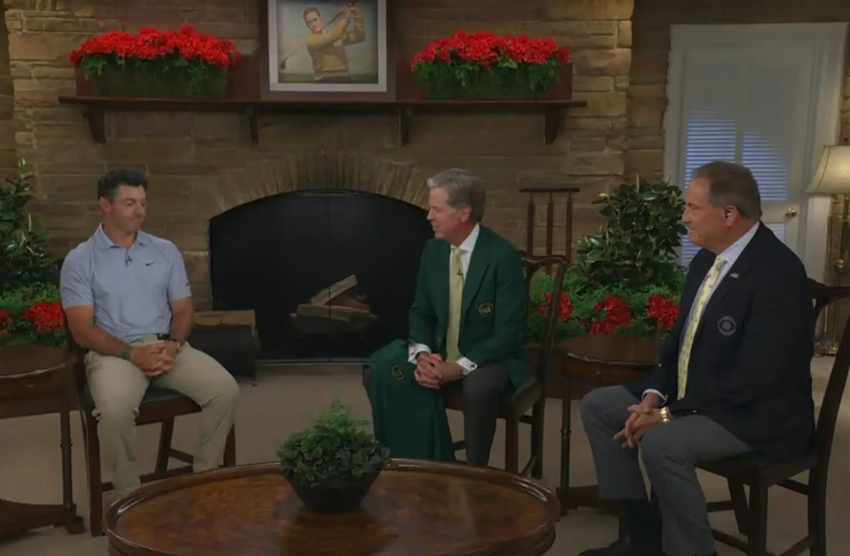McIlroy was joined by Jim Nantz and Fred Ridley in Butler Cabin. Image credit: CBS Sports