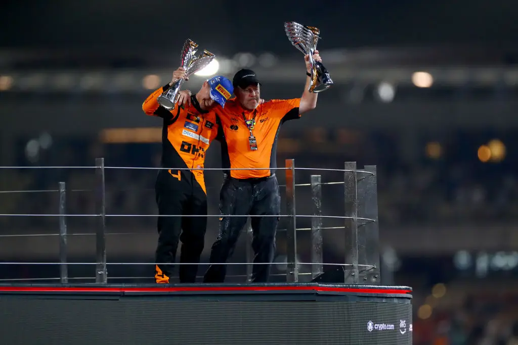 Lando Norris and Zak Brown celebrated together after McLaren won the 2024 F1 Constructor's Championship in Abu Dhabi. (Image: Getty)