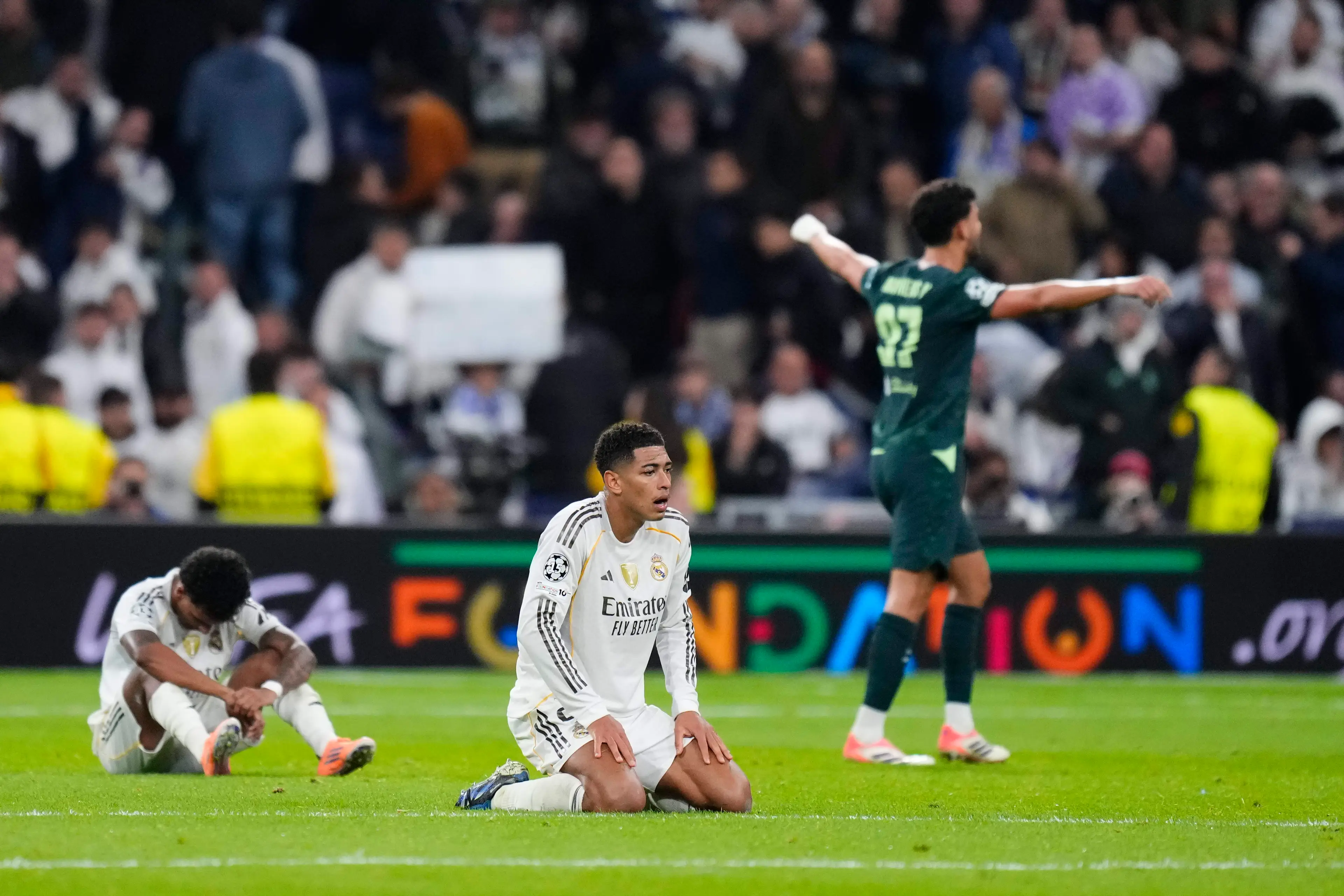 Jude Bellingham cuts a dejected figure after the final whistle. Image: Getty 