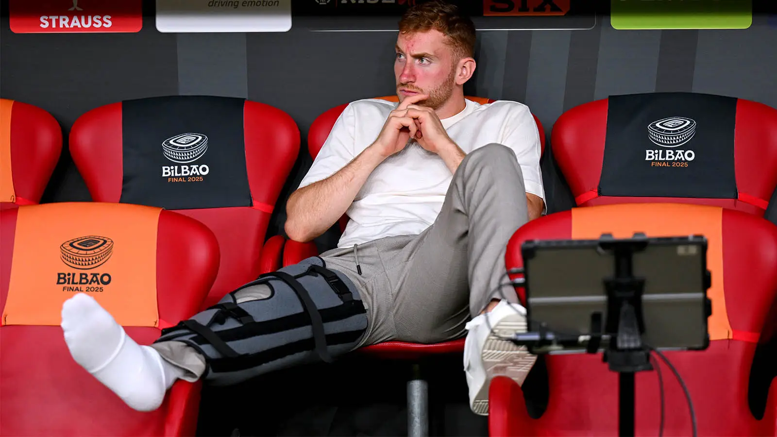 Kulusevski watched the 2025 Europa League final wearing a protective boot (Image: Getty)