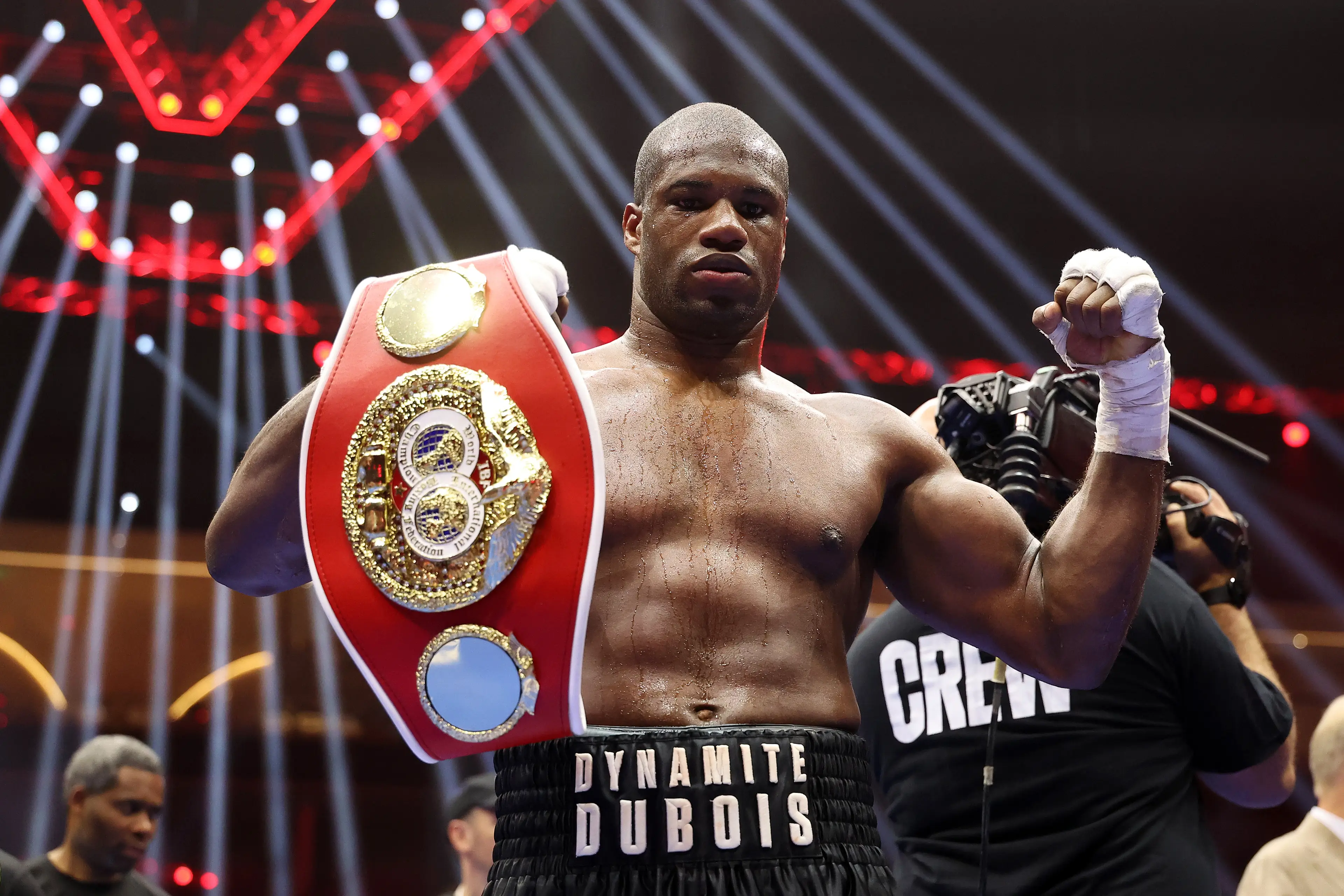 Daniel Dubois celebrates winning the interim IBF title after beating Filip Hrgovic. Image: Getty