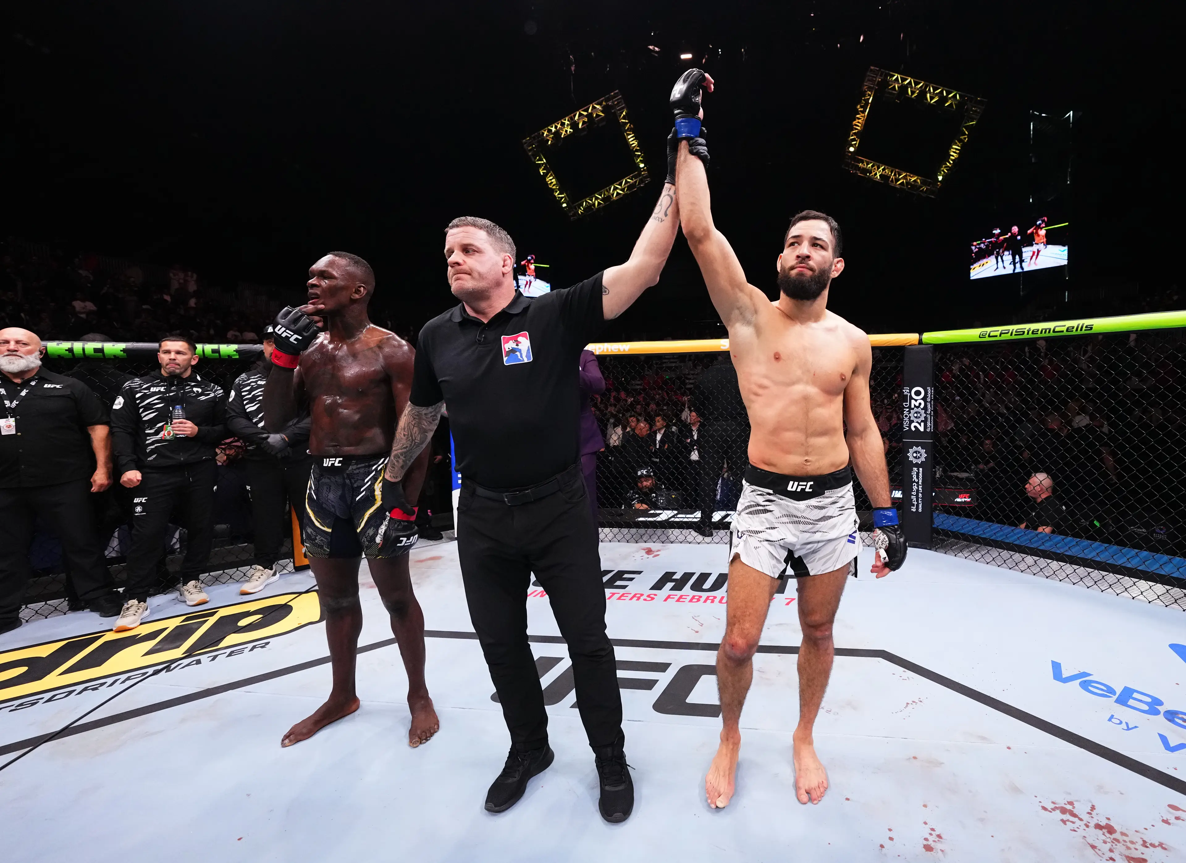 Nassourdine Imavov gets his hand raised following his victory over Israel Adesanya at UFC Saudi Arabia. Image: Getty 
