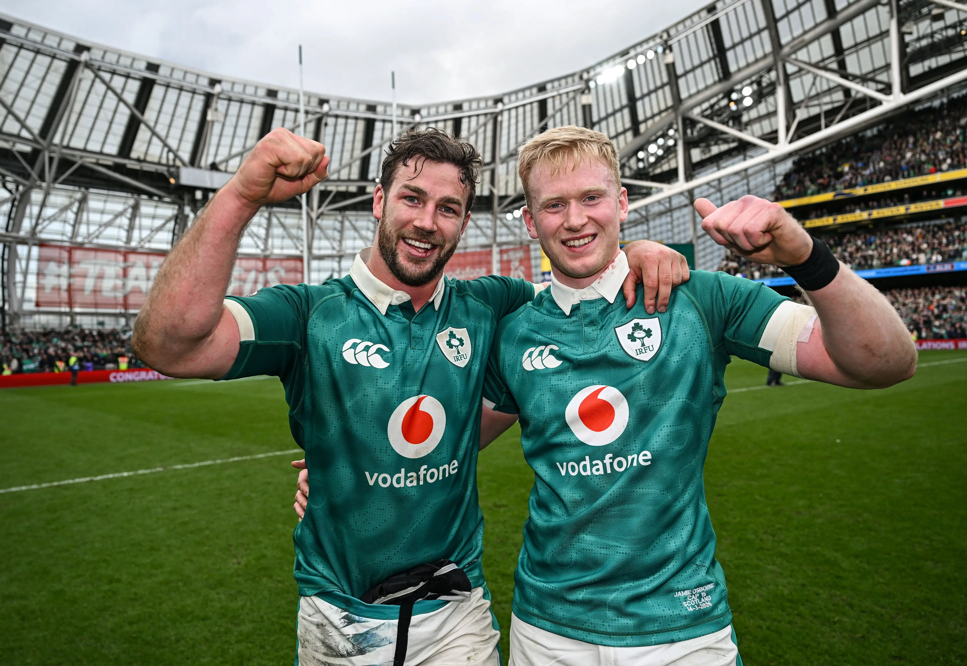 Caelan Doris, left, and Jamie Osborne of Ireland after their side's victory in the Guinness 6 Nations Rugby Championship match between Ireland and Scotland (Getty Images)
