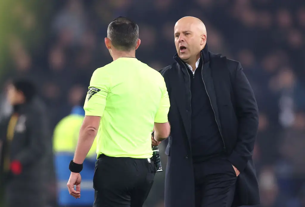 Arne Slot became embroiled in a heated exchange with Michael Oliver (Credit:Getty)