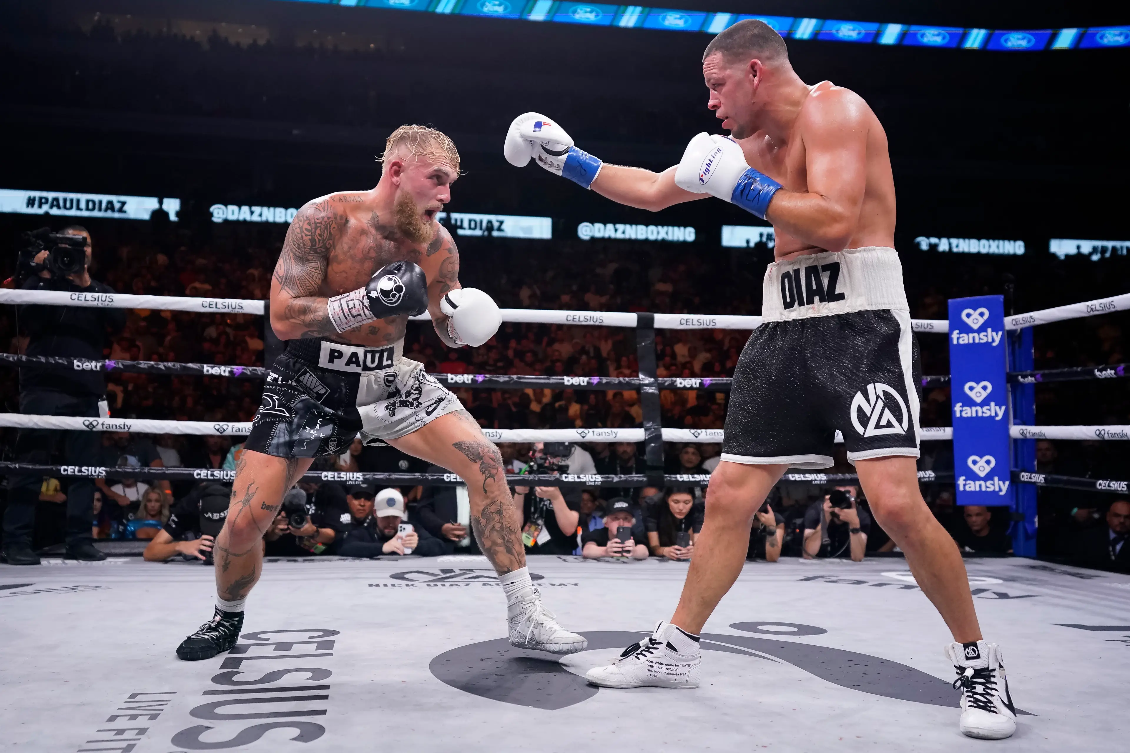 Jake Paul and Nate Diaz during their boxing bout in 2023. Image: Getty 