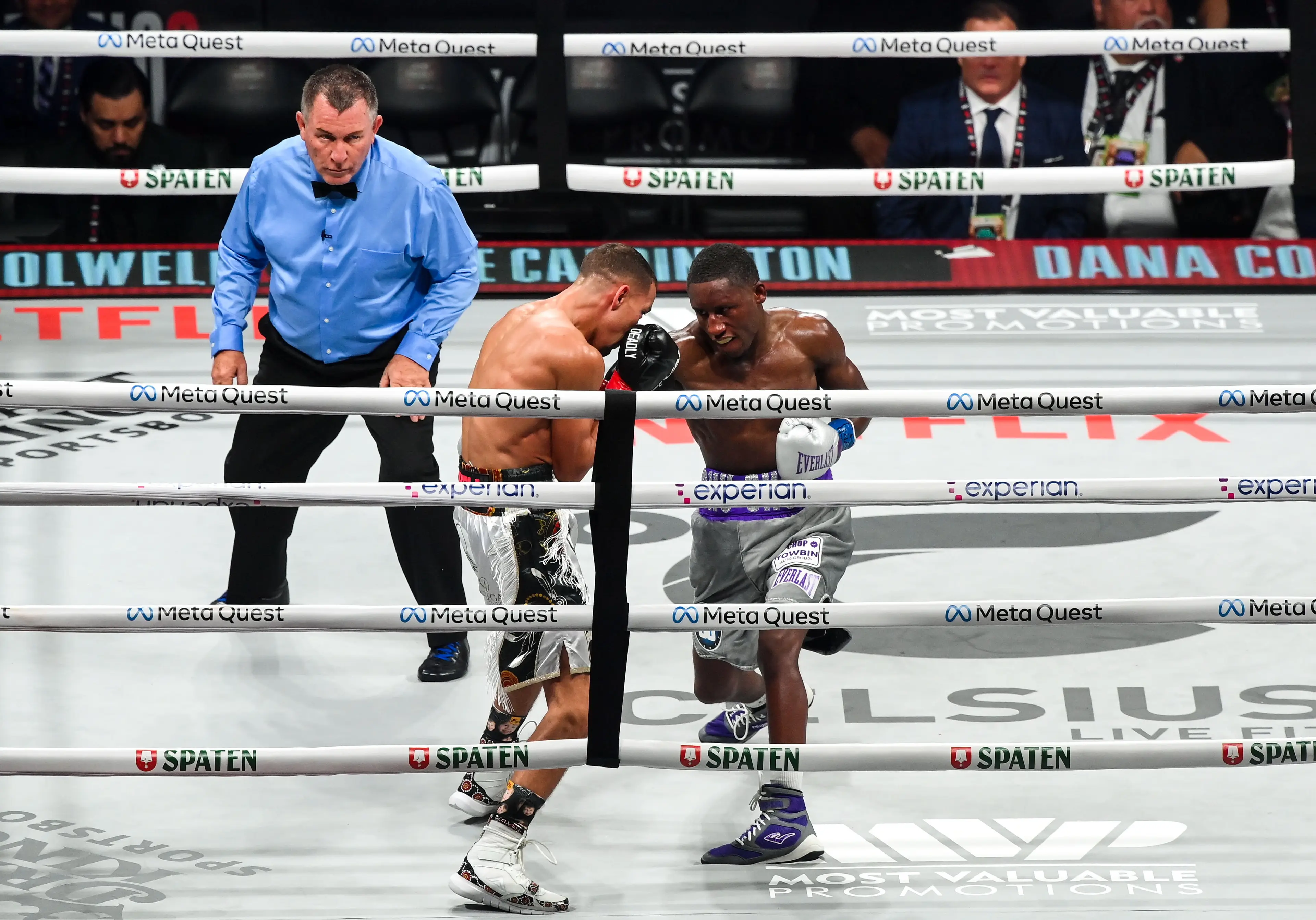 Bruce Carrington and Dana Coolwell during their bout on the Jake Paul vs. Mike Tyson undercard. Image: Getty 