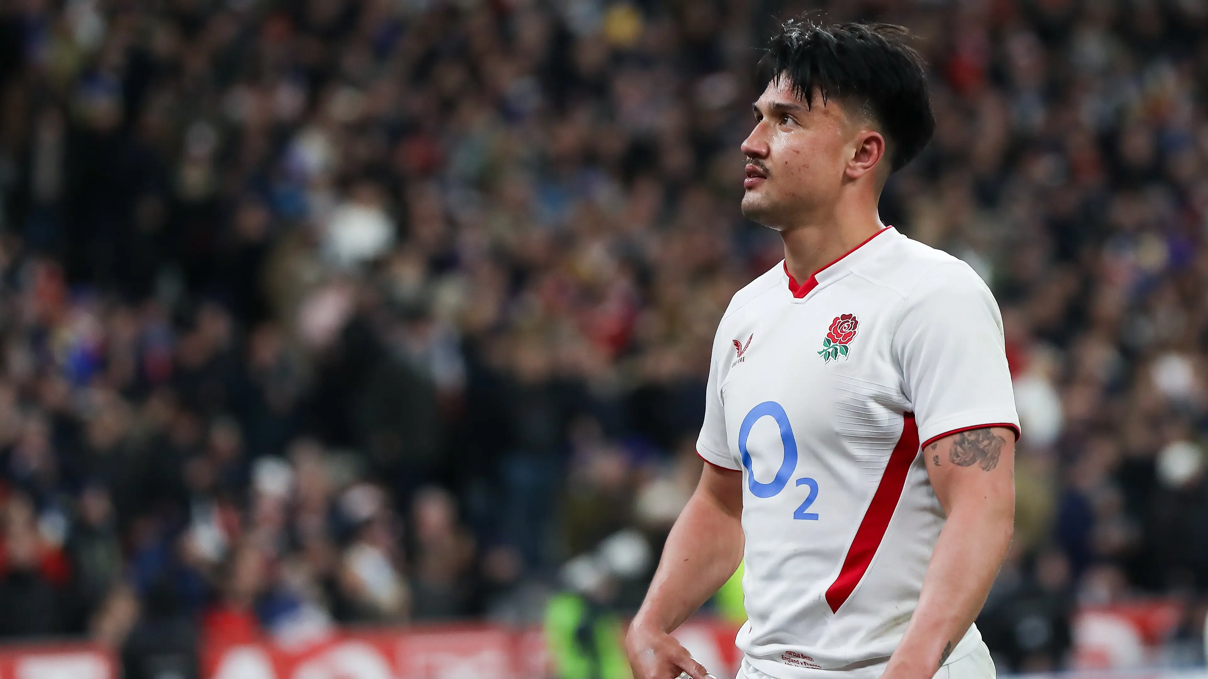Marcus Smith of England during the France (blues) vs. England (whites) match in the Six Nations Championship at the Stade de France in Paris, France
