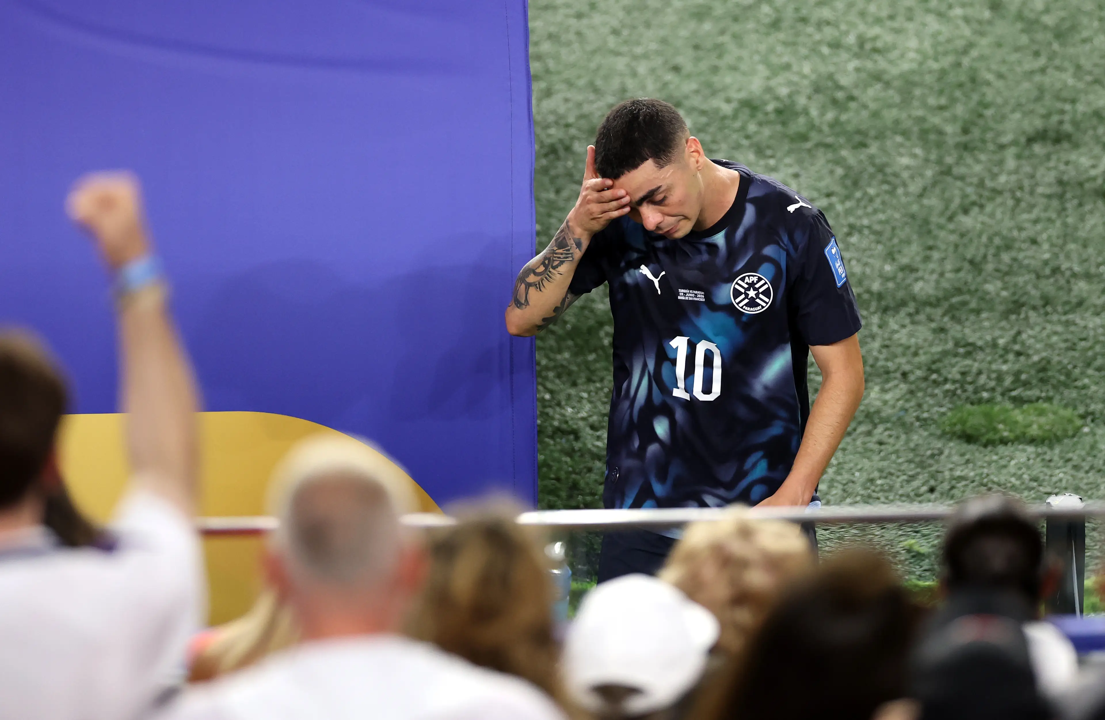 Miguel Almiron #10 of Paraguay reacts after receiving a red card for covering his mouth while talking to another player during the FIFA World Cup 2026 (Getty Images)