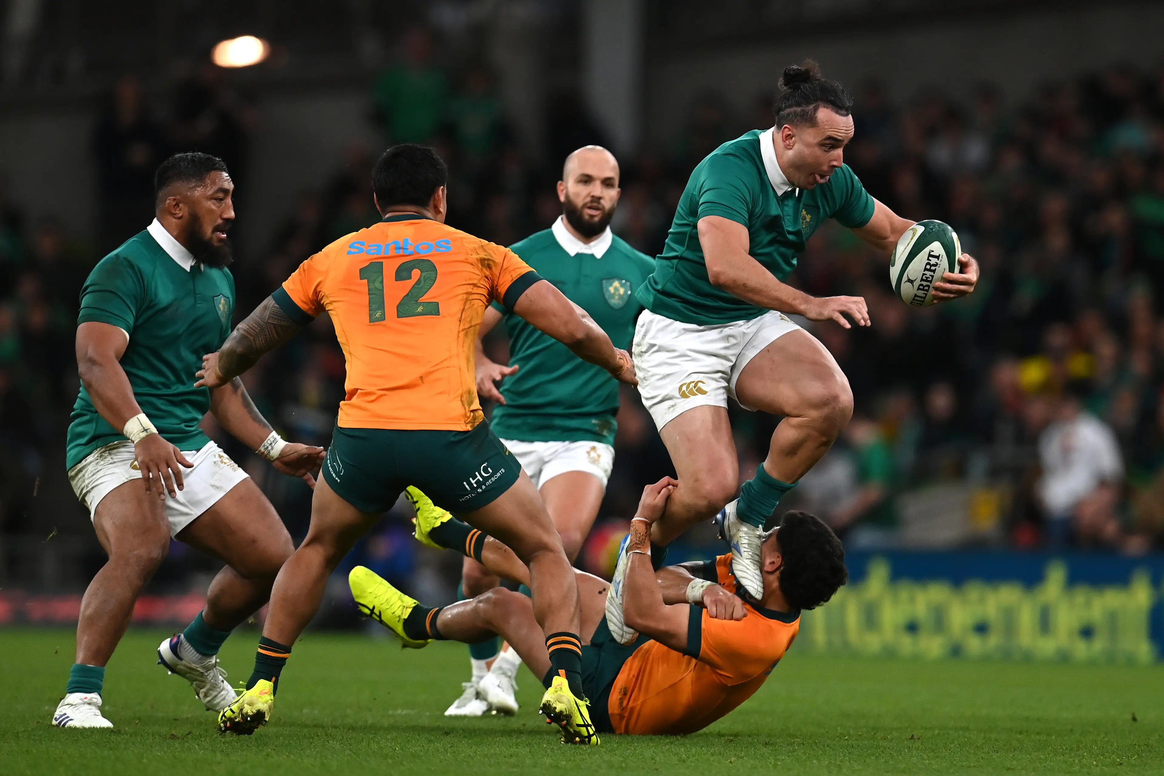 James Lowe of Ireland is tackled by Joseph-Aukuso Suaalii of Australia during the Autumn Nations Series 2024 match between Ireland and Australia (Getty Images)