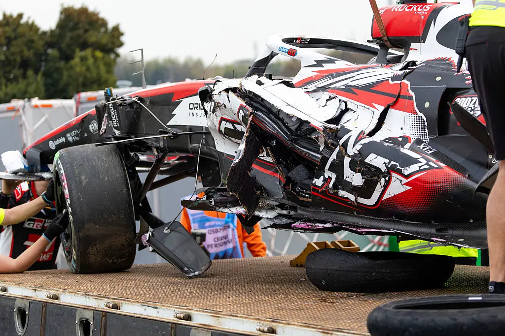 Bearman's Haas suffered significant damage in the 50G impact (Image: Getty)