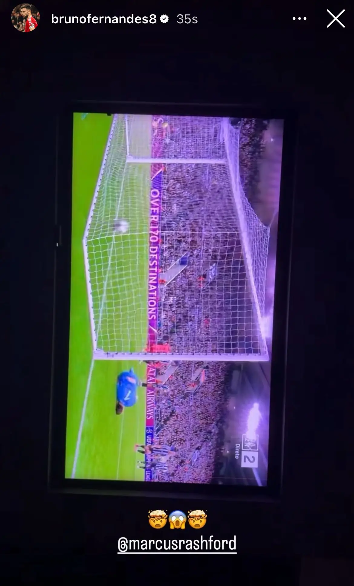 Manchester United captain posted his reaction to Rashford's second goal on Instagram. (Image: Bruno Fernandes)