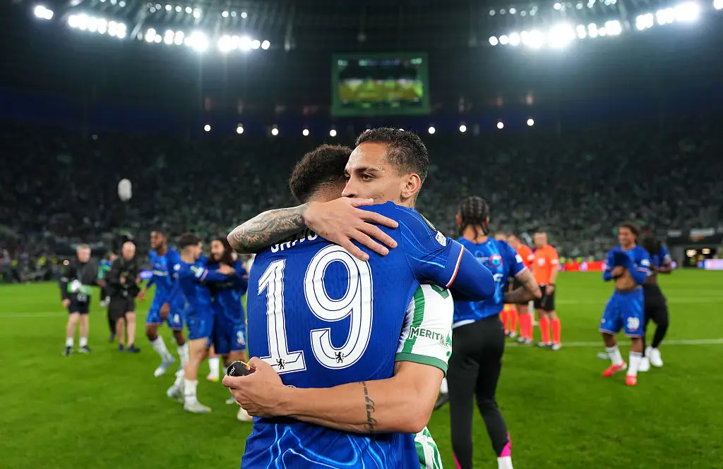 Manchester United loanees Jadon Sancho and Antony embraced after the Conference League final. (Image: Getty)