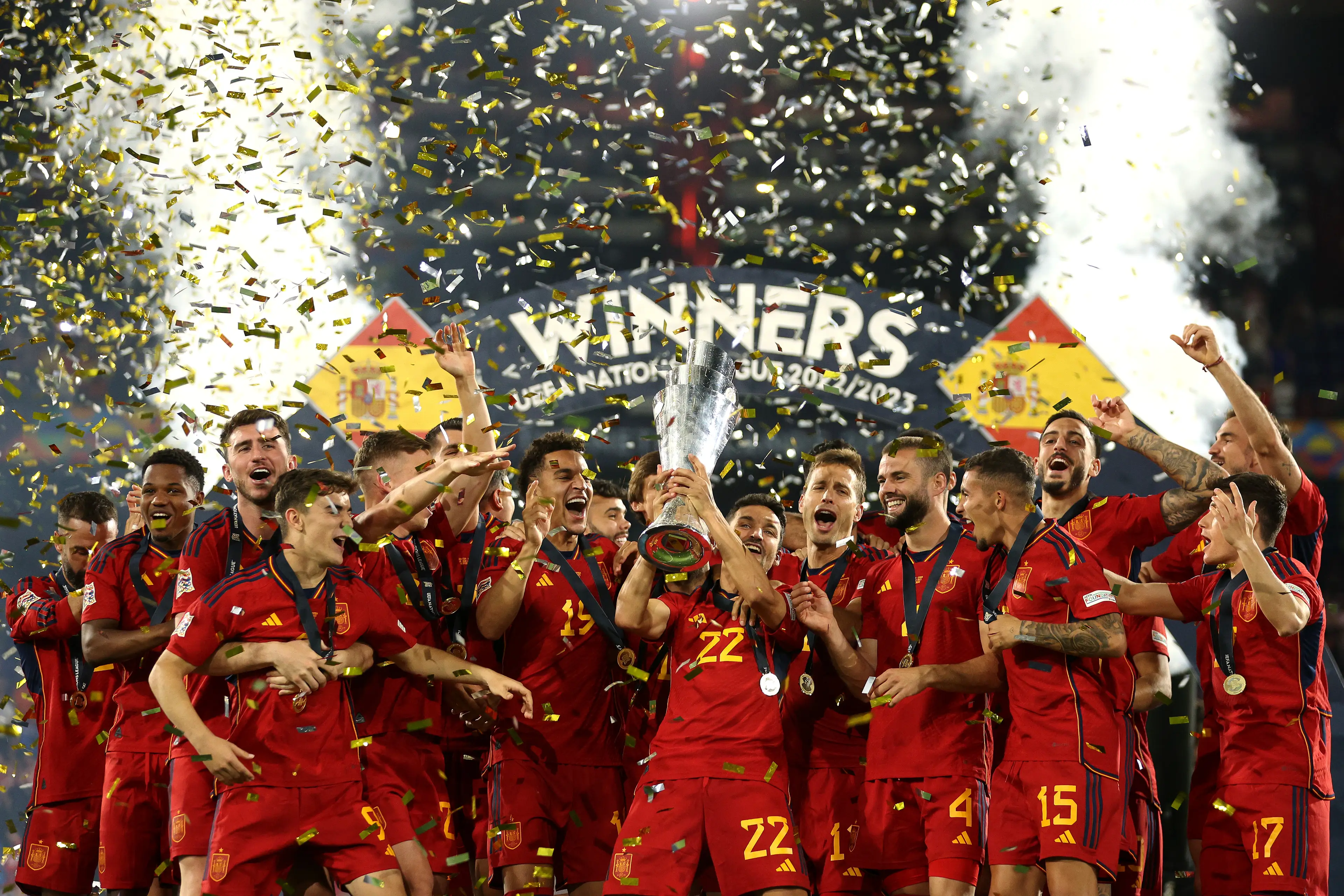 Spain celebrate winning the Nations League in 2023. Image: Getty