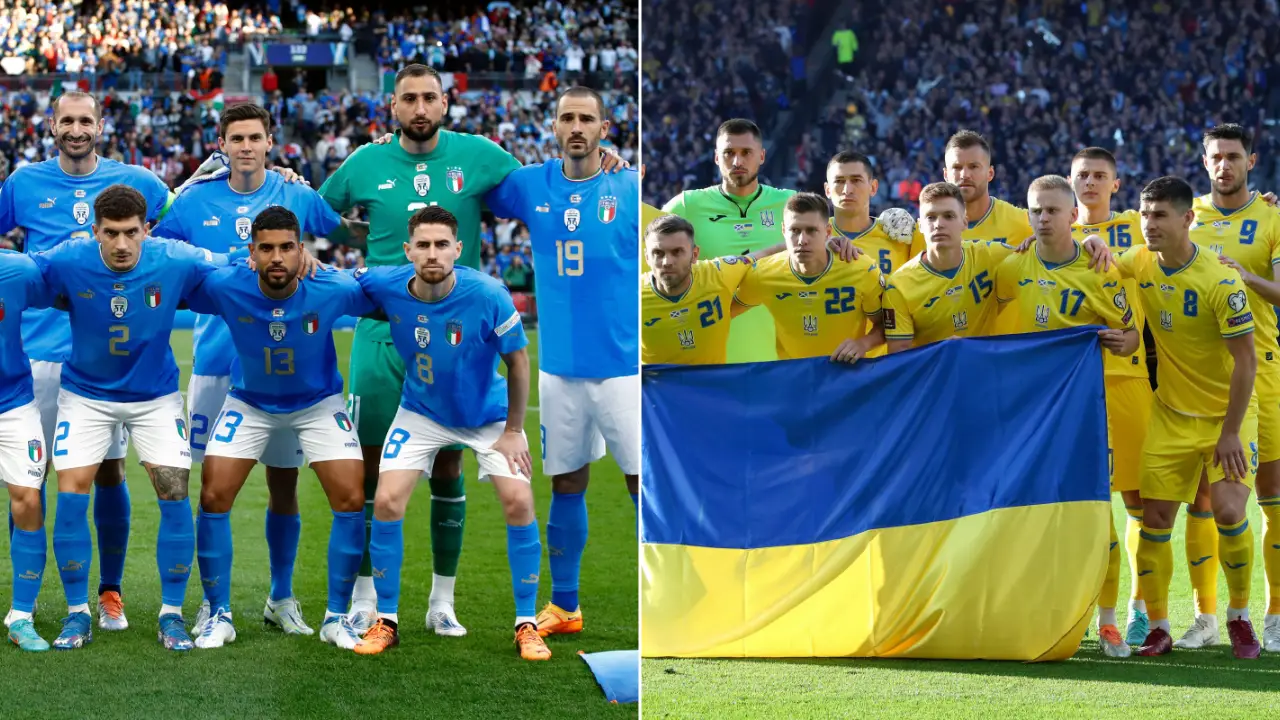 The Italy and Ukraine national football teams pictured in 2022 (