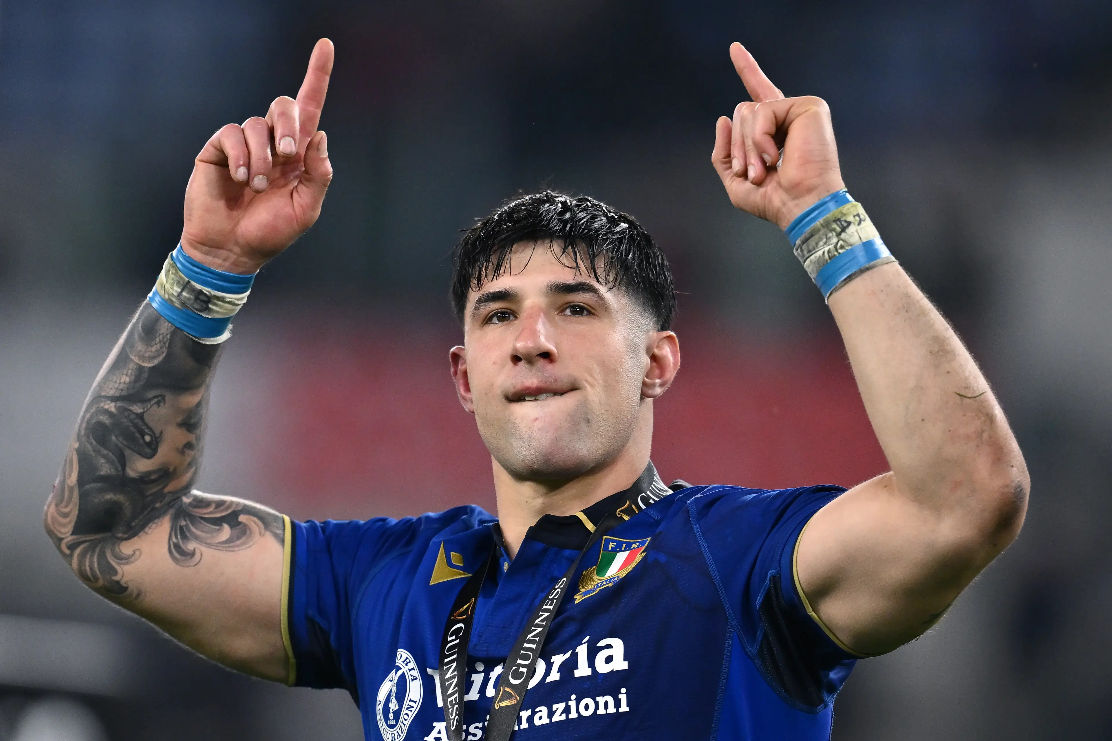 Tommaso Menoncello of Italy celebrates at the end of the Guinness Six Nations 2026 match between Italy and England (Getty Images)