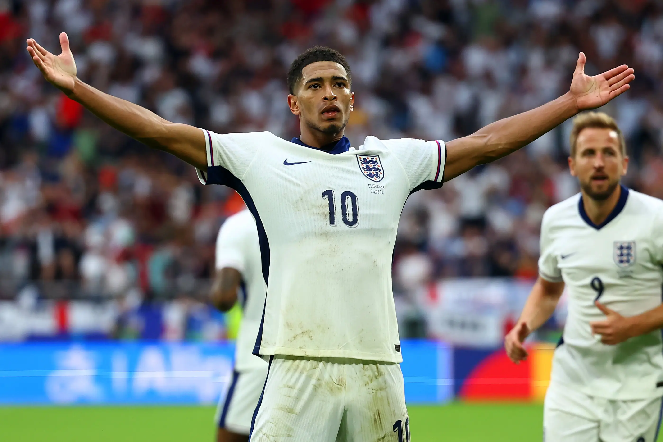 Jude Bellingham celebrates scoring a goal against Slovakia. Image: Getty 