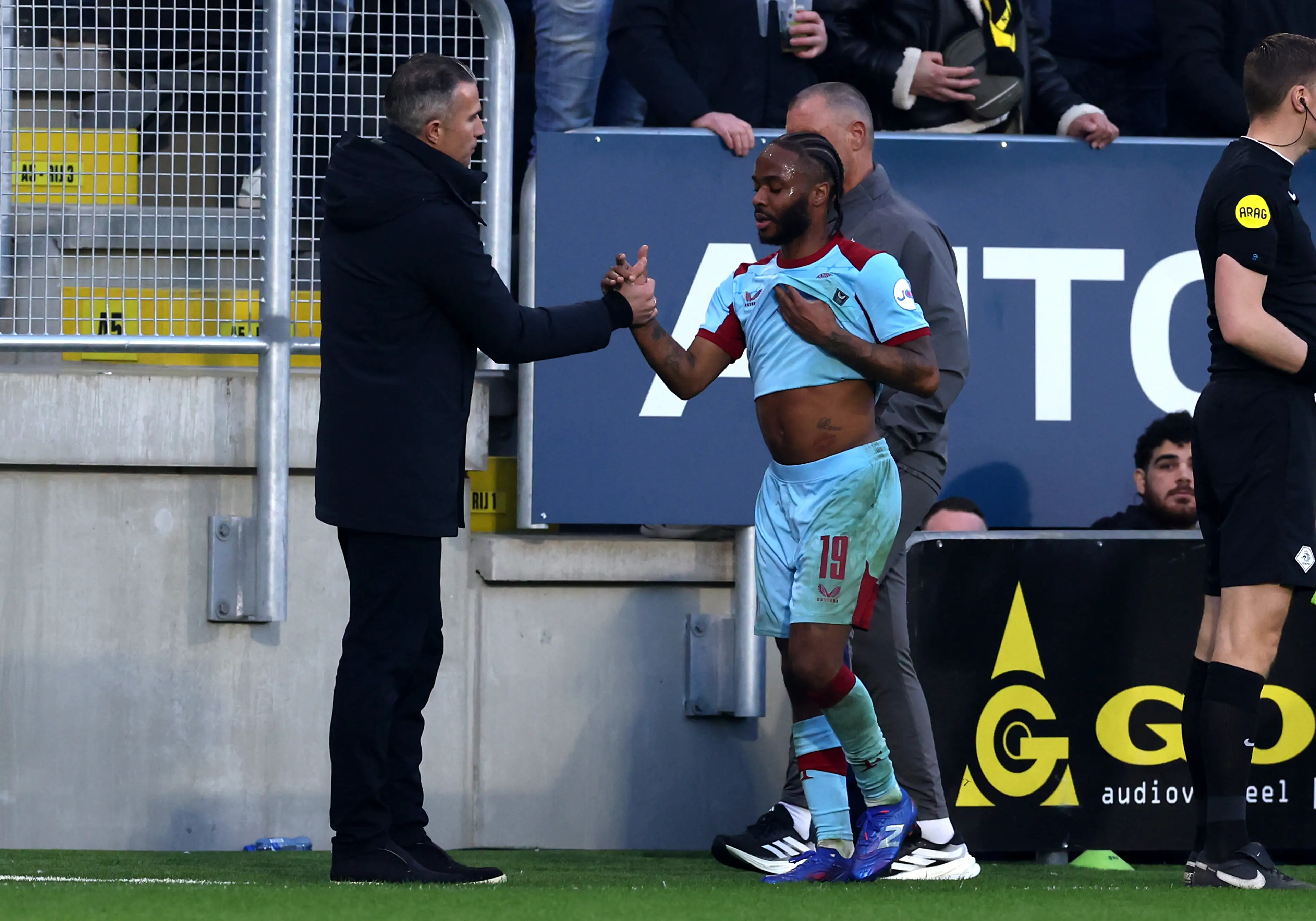 Raheem Sterling was replaced in the 63rd minute against NAC Breda. Image credit: Getty