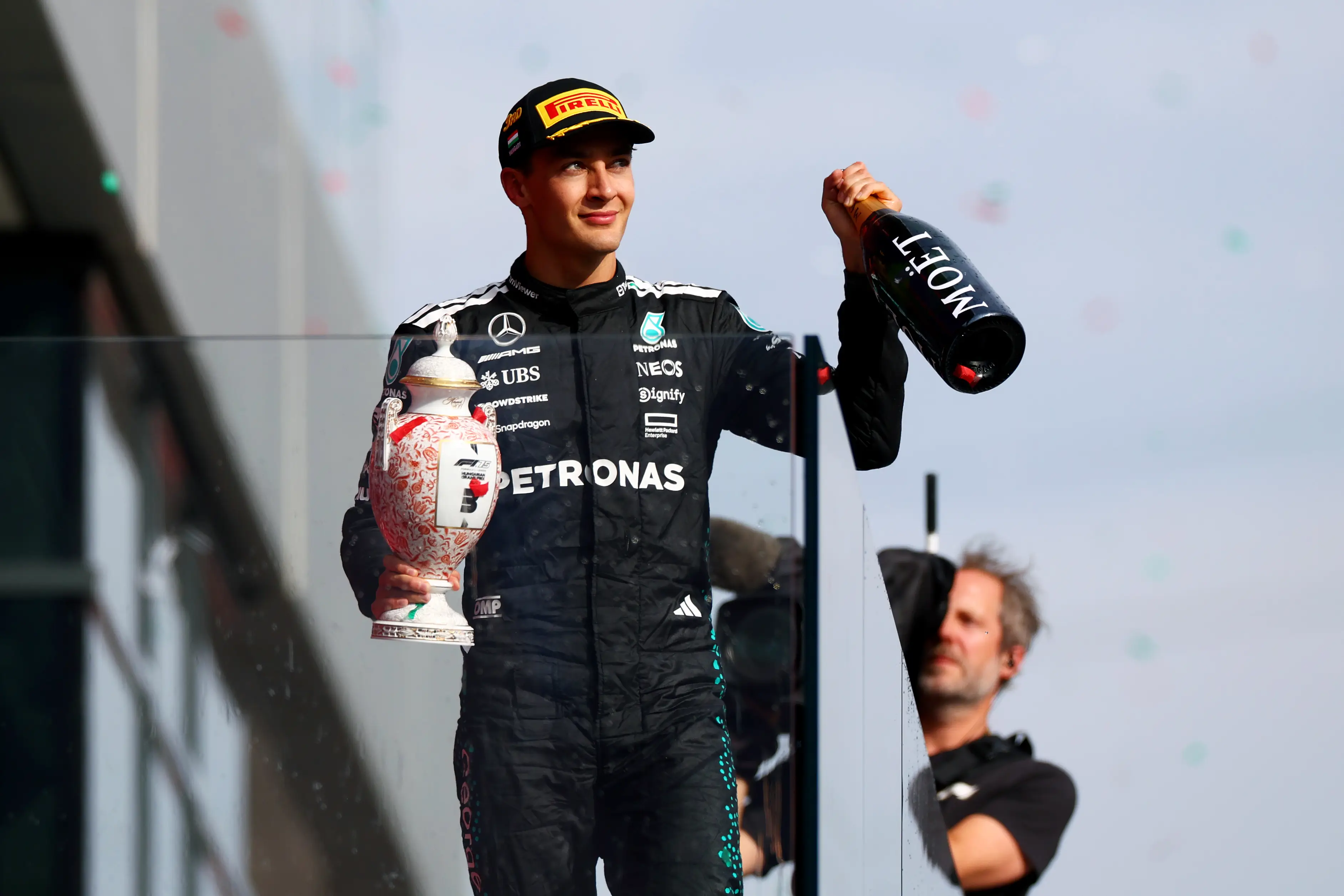 George Russell on the Hungary podium in 2025 (credit: getty)