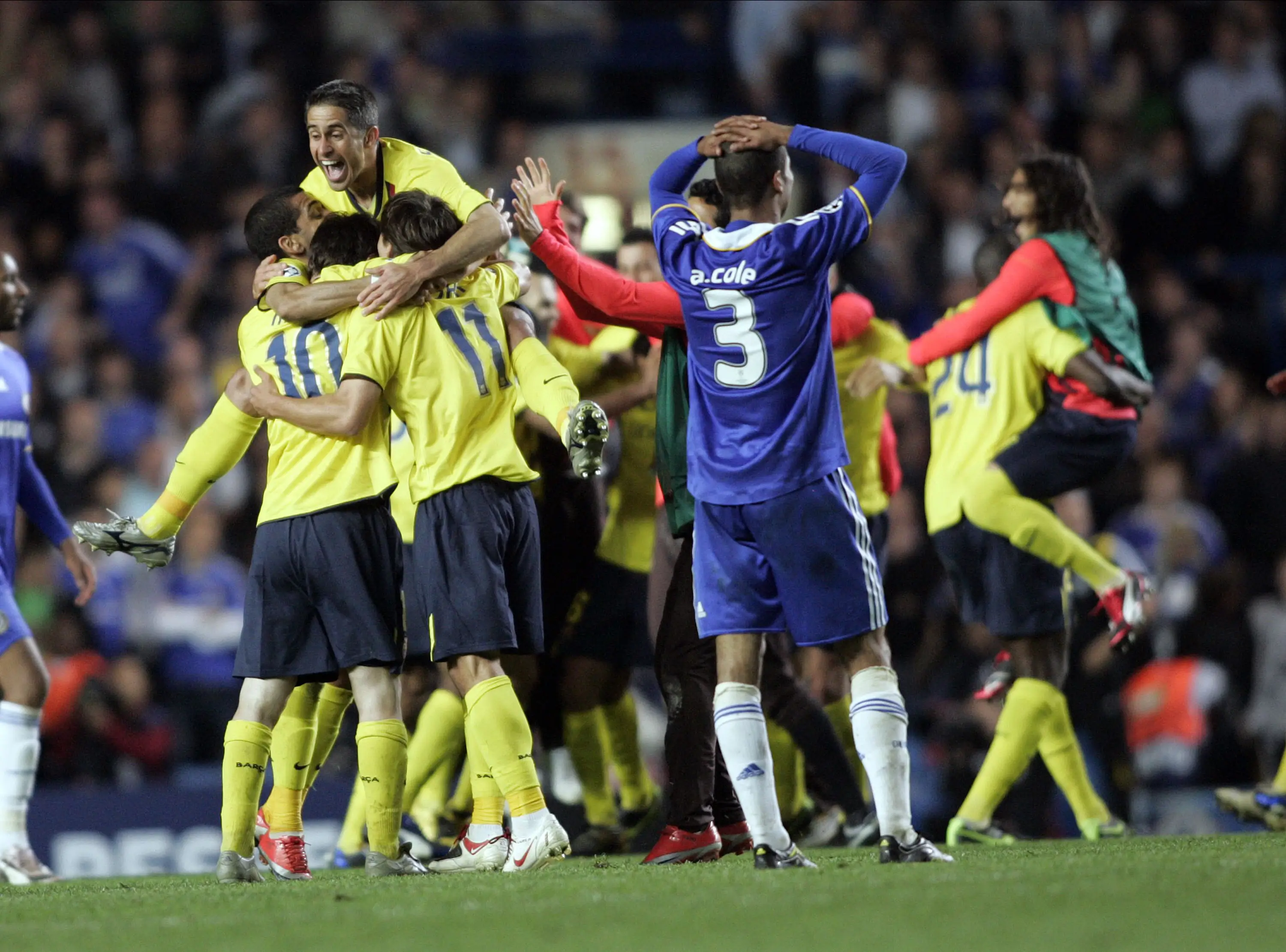 Barcelona celebrate a victory over Chelsea in the Champions League. Image: Getty