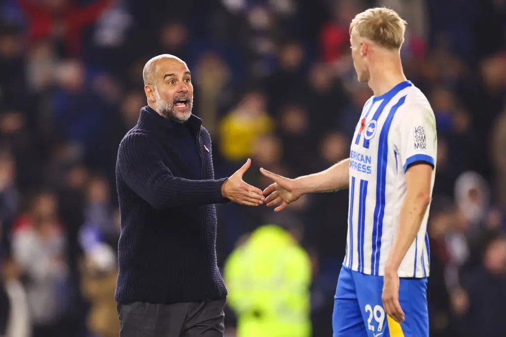 Pep Guardiola and Jan Paul van Hecke were spotted having a heated discussion after Manchester City's 2-1 loss to Brighton on Saturday. (Image: Getty)