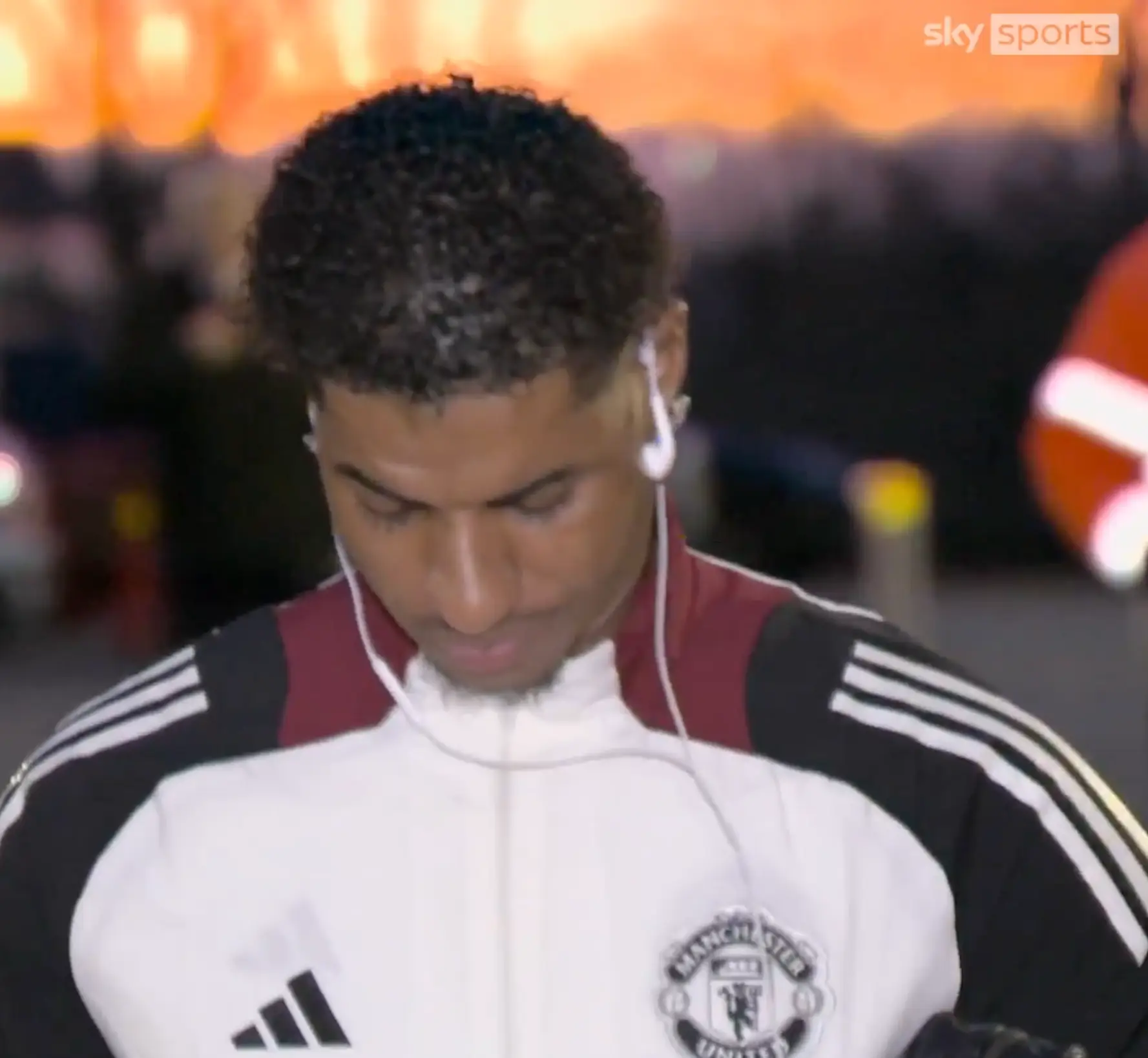 Marcus Rashford was seen arriving at Old Trafford on Monday. Image: Sky Sports