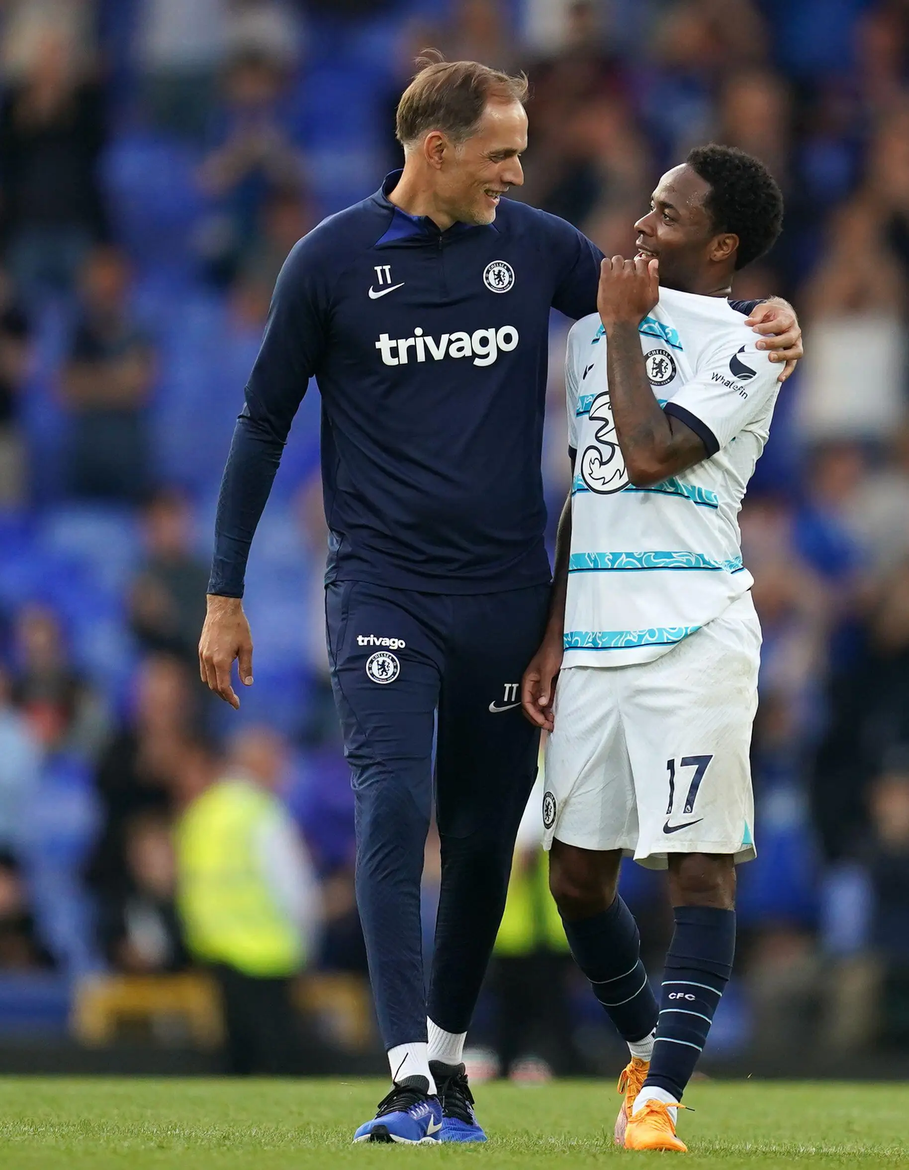 Chelsea manager Thomas Tuchel greets Chelsea's Raheem Sterling following the Premier League match at Goodison Park, Liverpool. (Alamy)