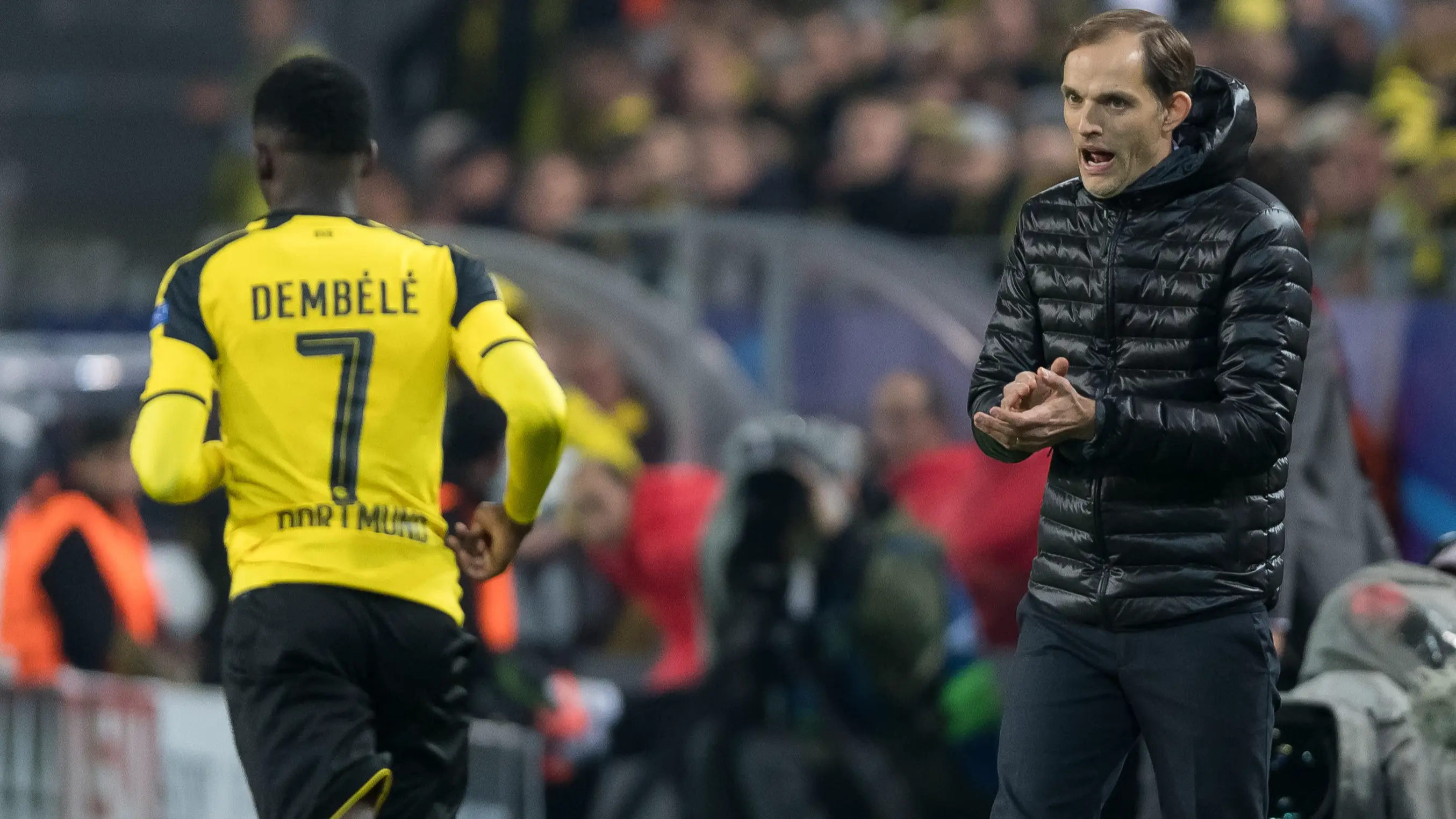 Thomas Tuchel applauds Ousmane Dembele during a UEFA Champions League match. (Alamy)